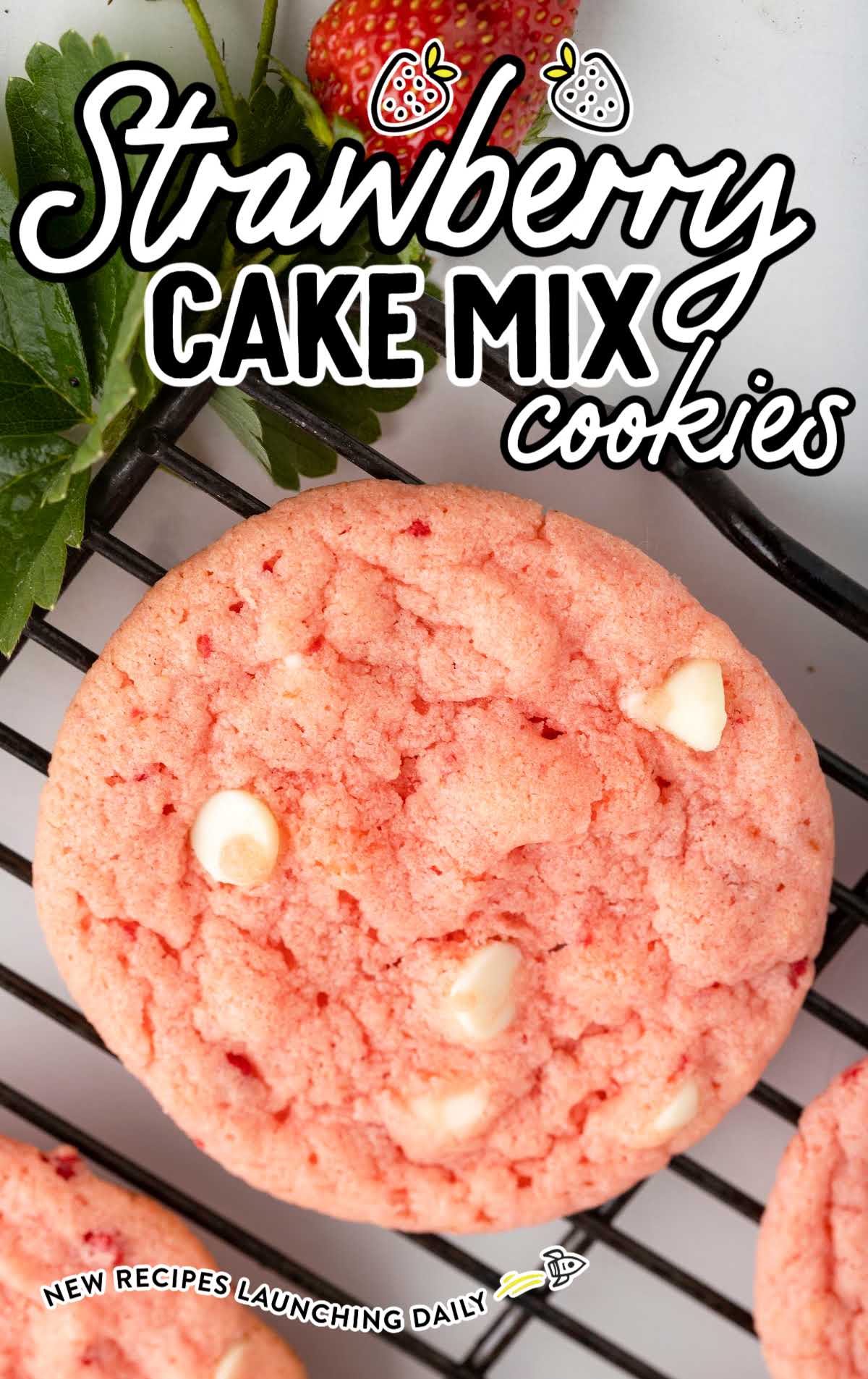 close up overhead shot of Strawberry Cake Mix Cookies on a cooling rack