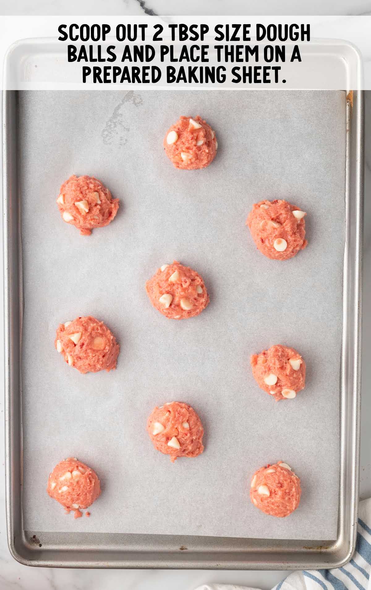 Strawberry Cake Mix Cookies process shot of scoops of cookie dough placed on a baking sheet