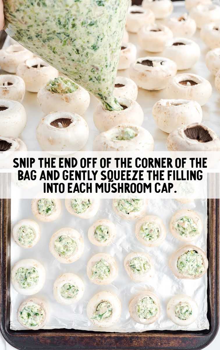 Stuffed Mushrooms process shot of filling squeezed into each mushroom cap