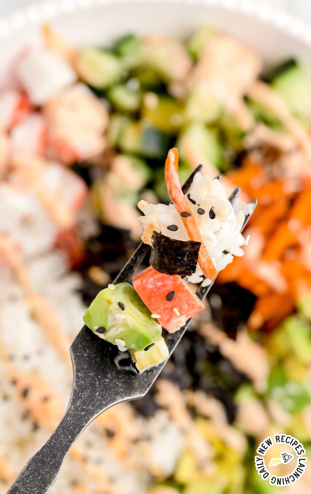 close up shot of Sushi Bowl on a fork