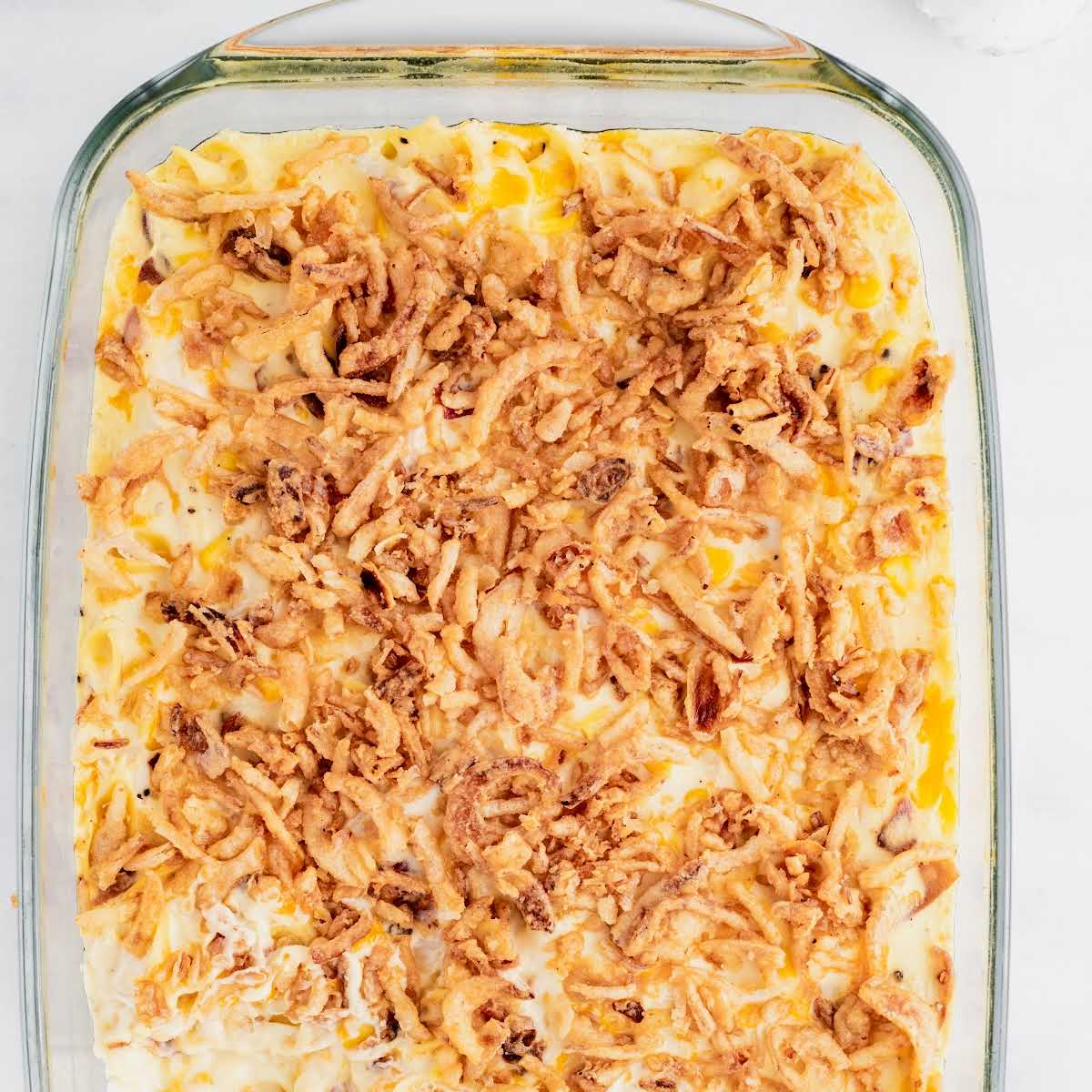 close up overhead shot of a casserole dish full of Ultimate Chicken Casserole