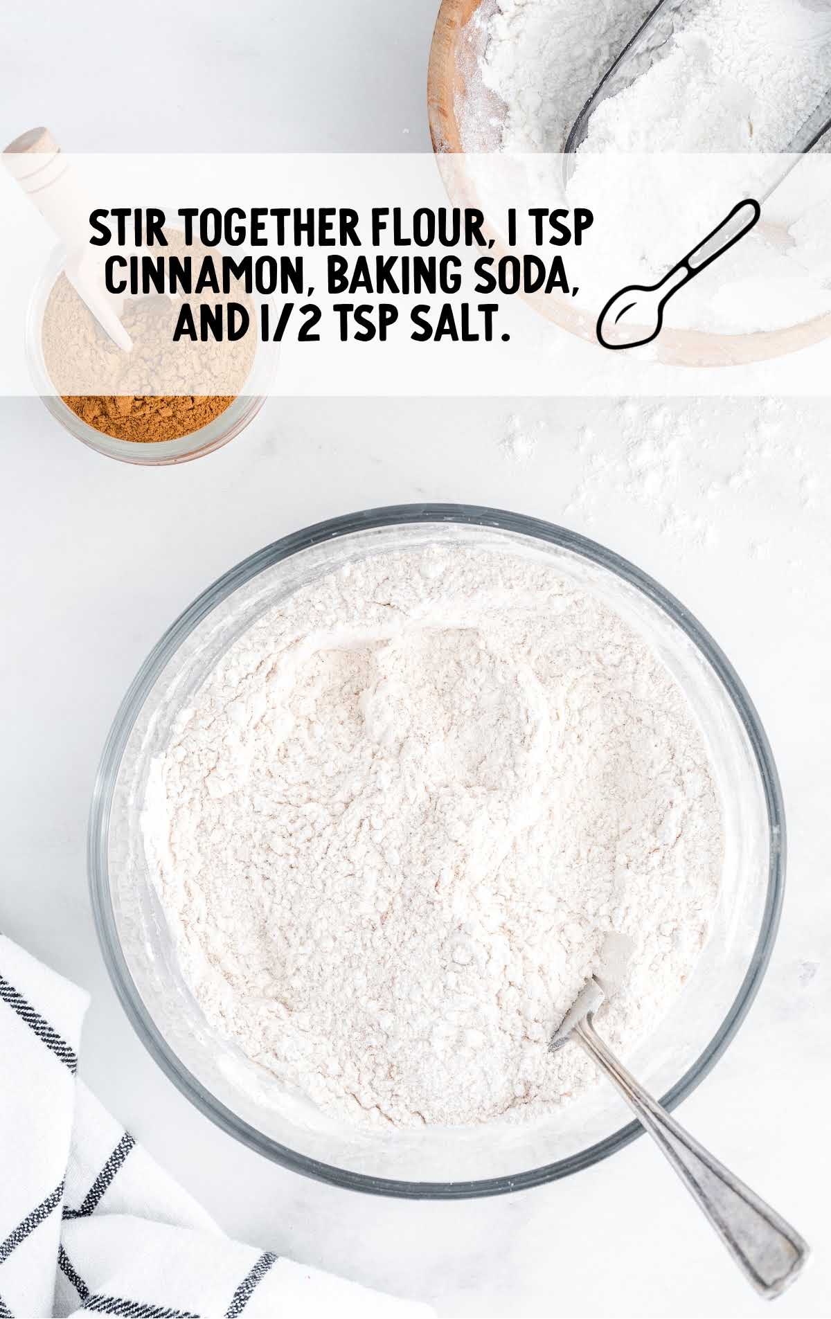 all-purpose flour, cinnamon, baking soda, and salt folded together in a bowl