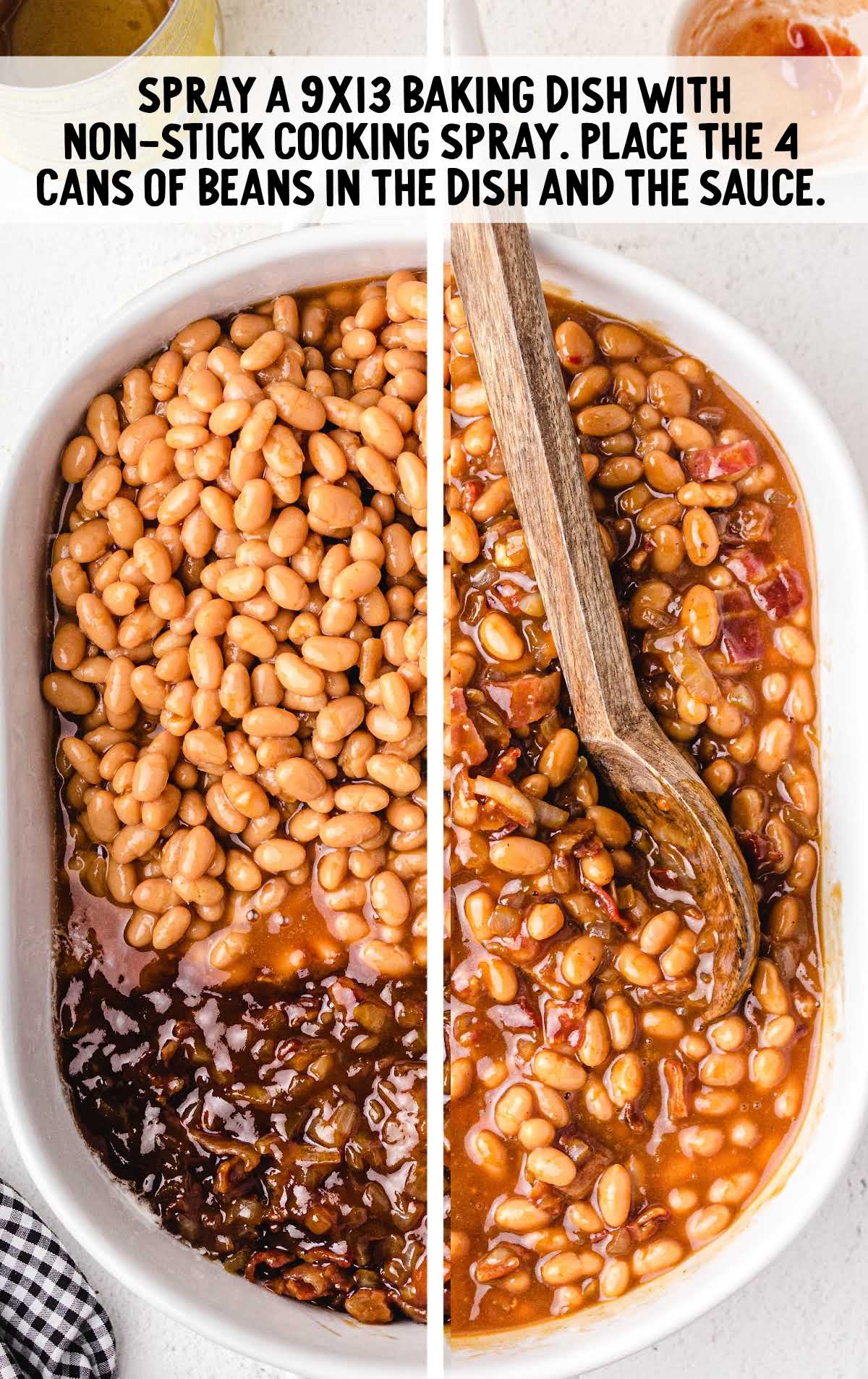 Baked Beans process shot of ingredients combined in a baking dish