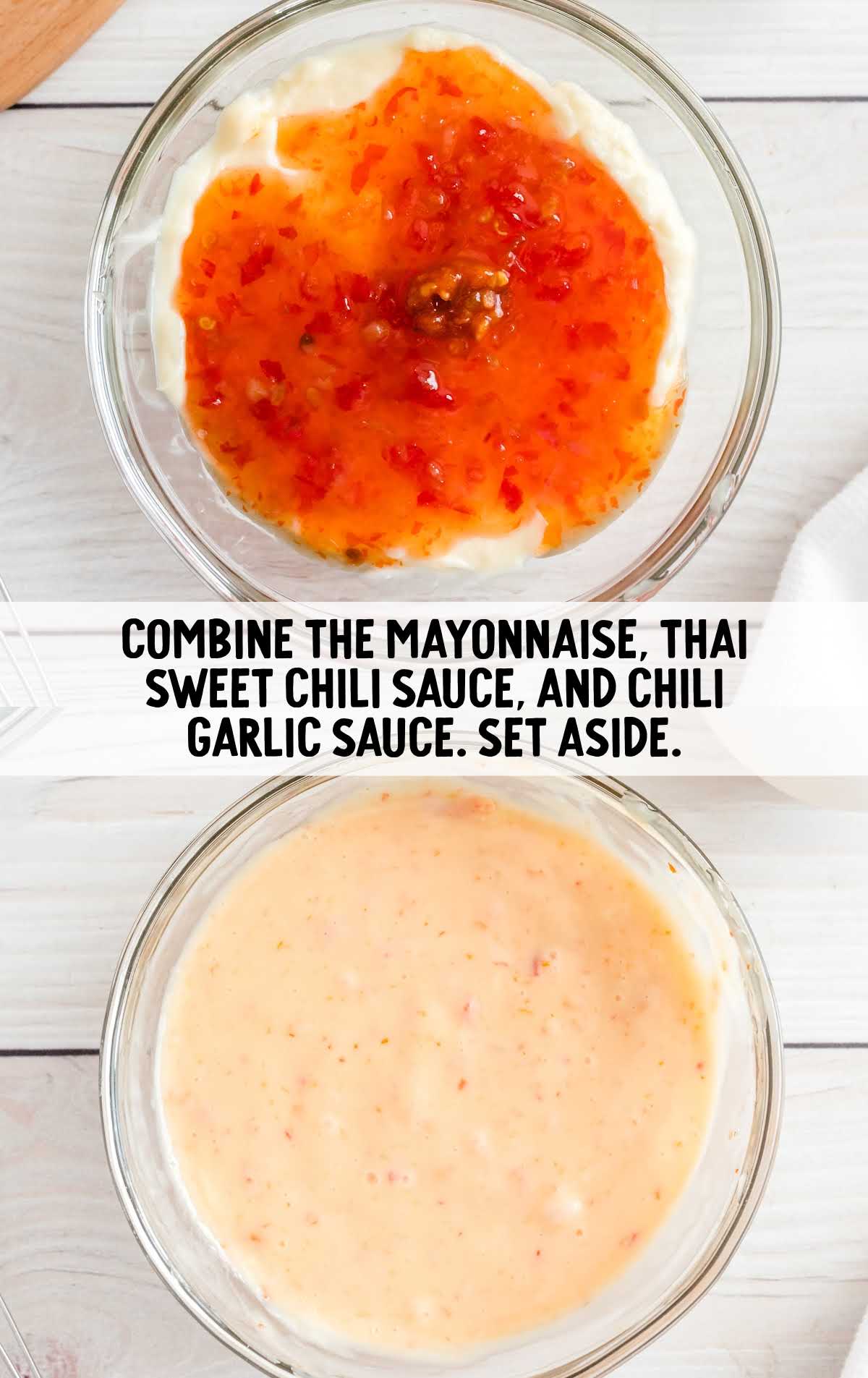mayonnaise, Thai sweet chili sauce, and chili garlic sauce whisked in a bowl