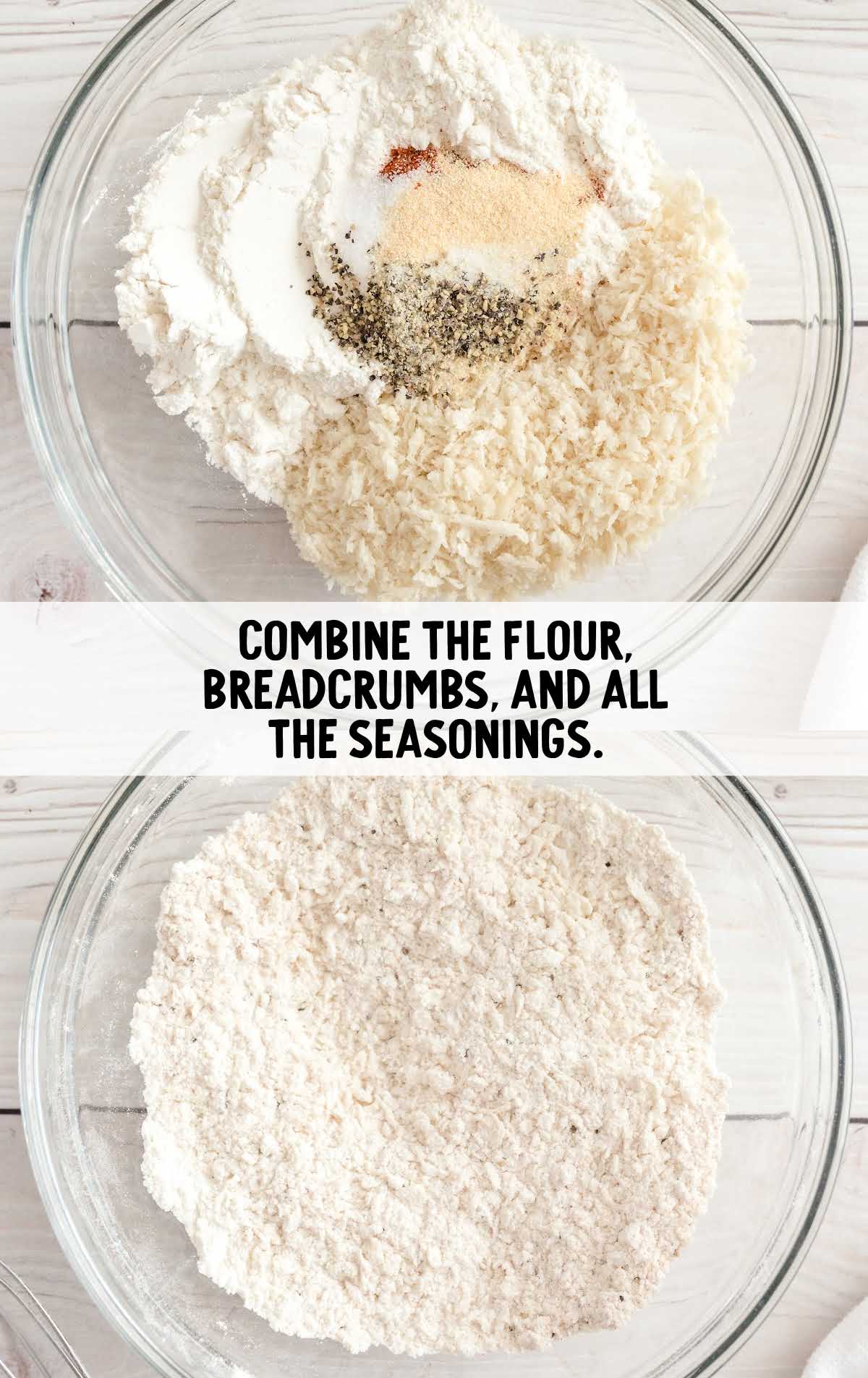 flour, breadcrumbs, and seasonings combined in a bowl