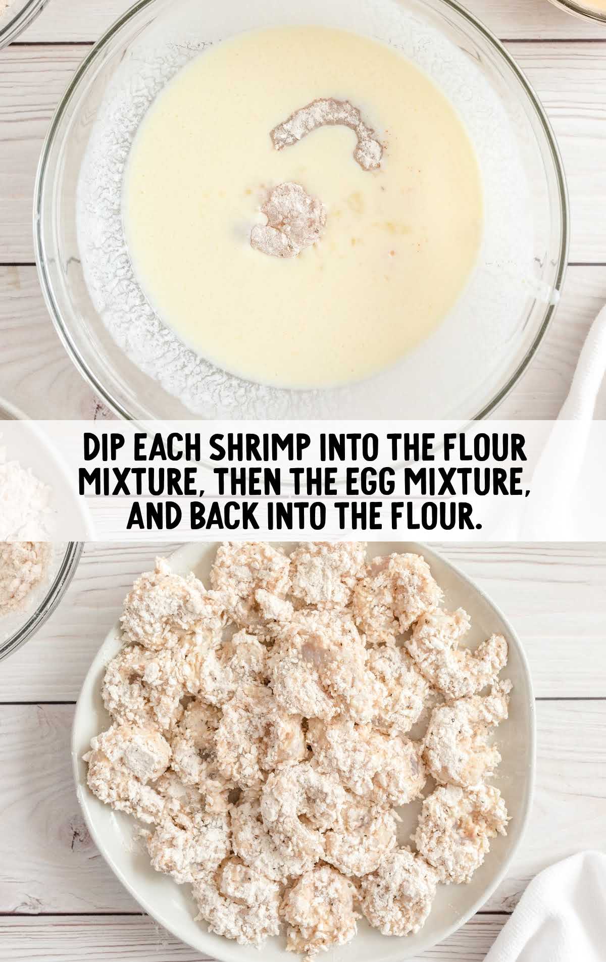 shrimp dipped into the egg mixture then into the flour mixture