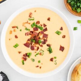 overhead shot of a bowl of Beer Cheese Soup topped with bacon bits and green onions