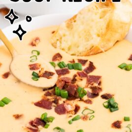 close up shot of a bowl of Beer Cheese Soup topped with bacon bits and green onions with a slice of cheese bread
