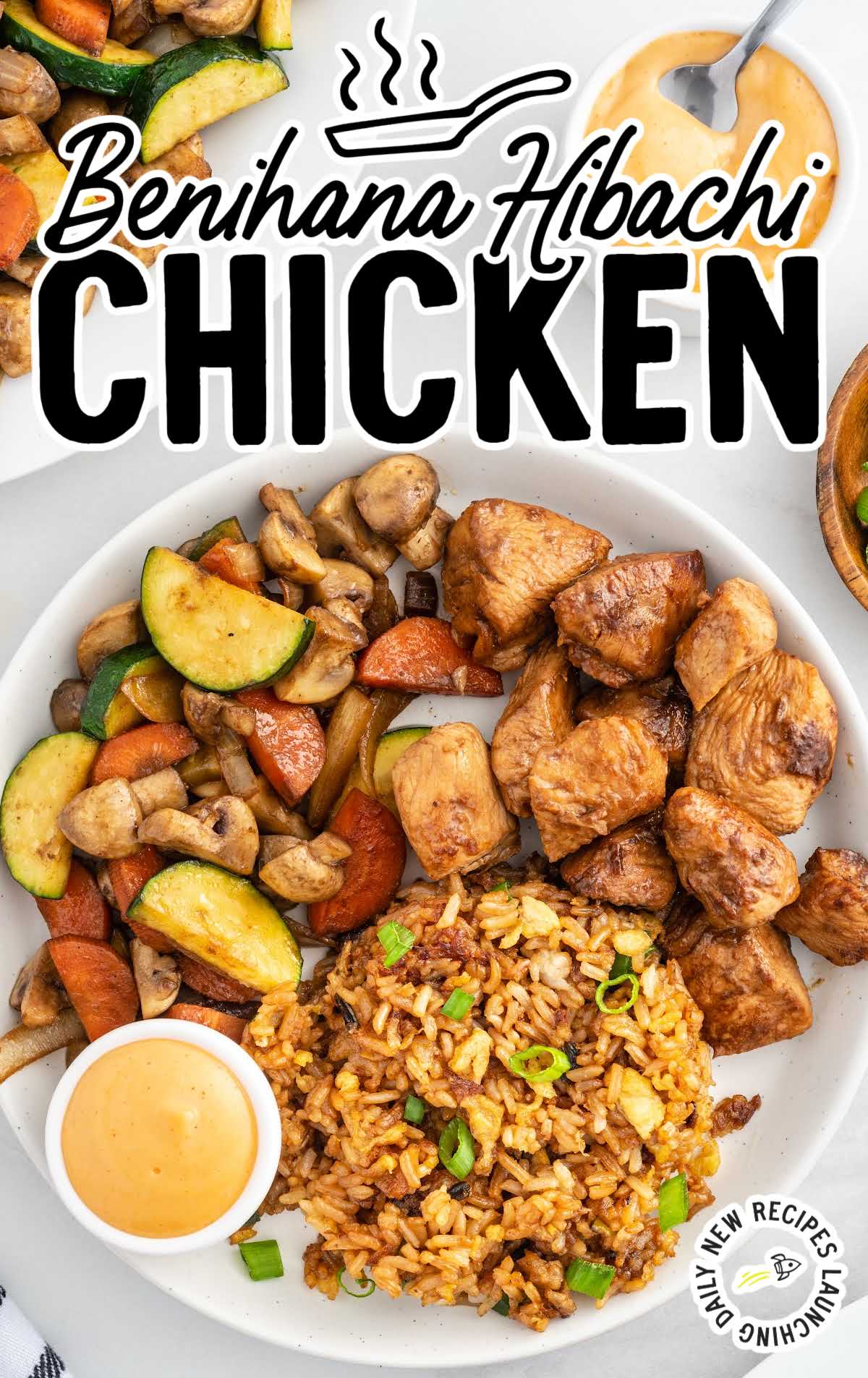 close up overhead shot of a plate of Benihana Hibachi Chicken served with rice and vegetables