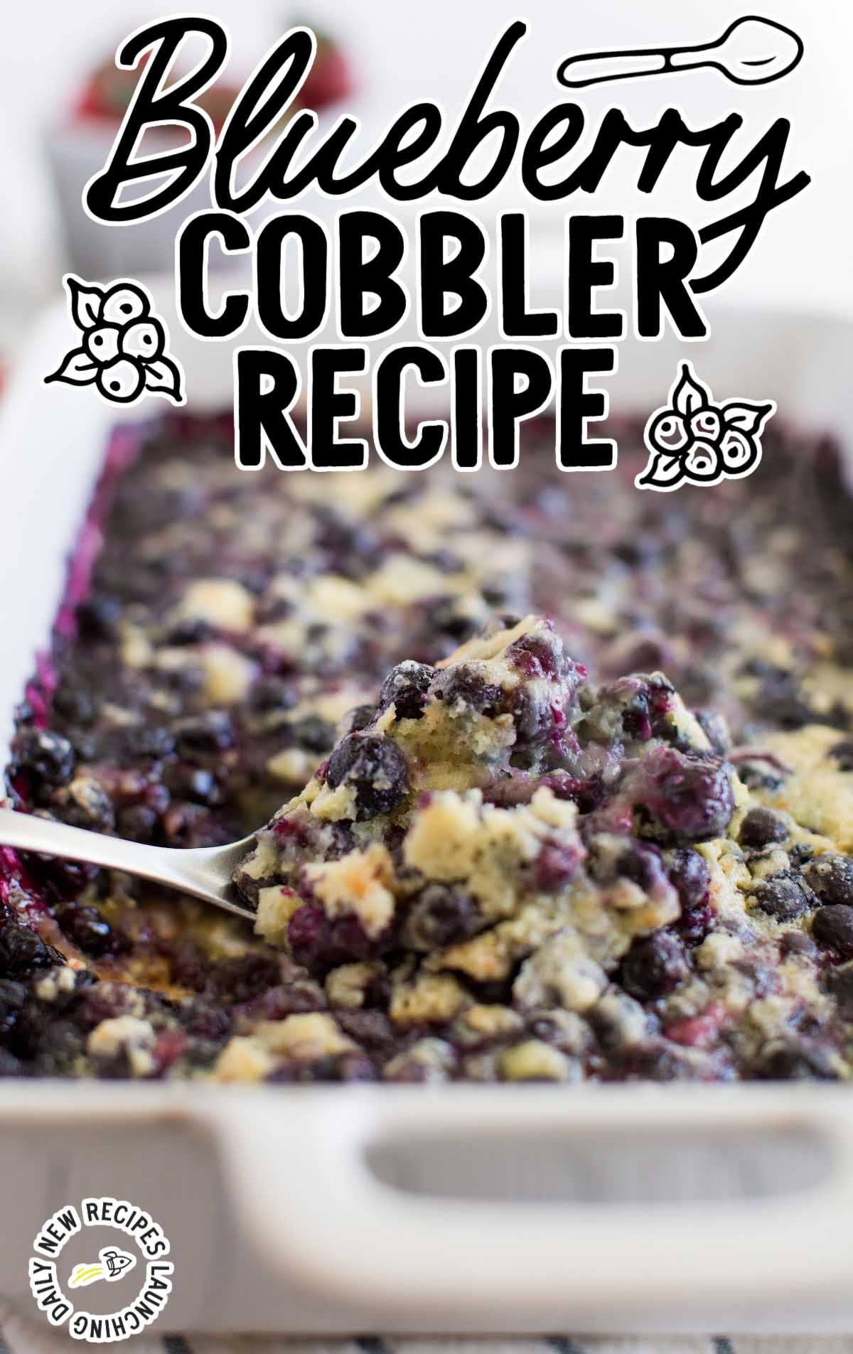 close up shot of Blueberry Cobbler Recipe in a casserole dish