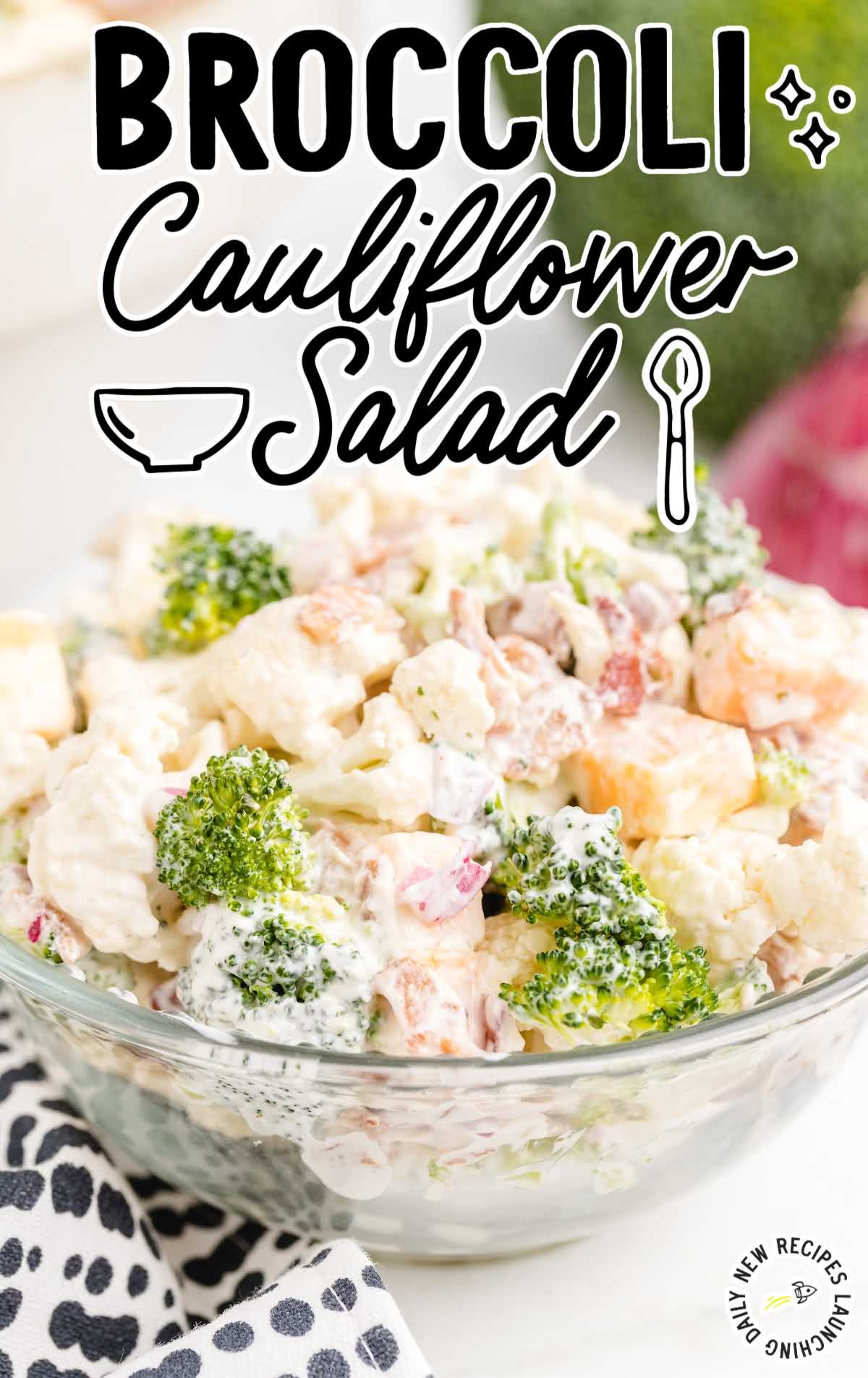 close up shot of a bowl of Broccoli Cauliflower Salad