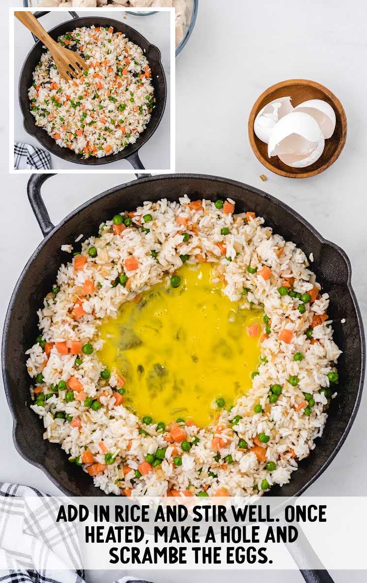 Chicken Fried Rice process shot of rice and eggs added to the pan