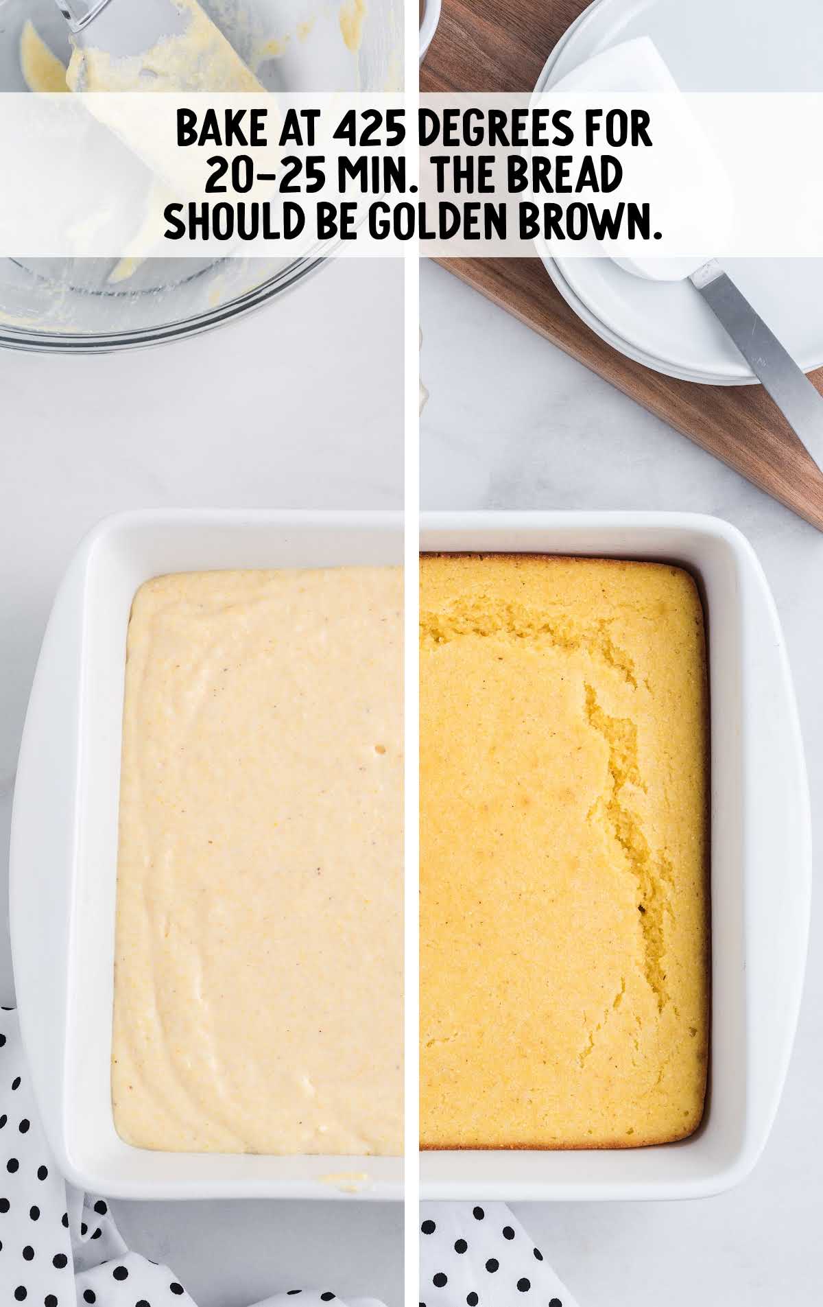Cornbread recipe process shot of cornbread batter in a baking dish and then after being baked