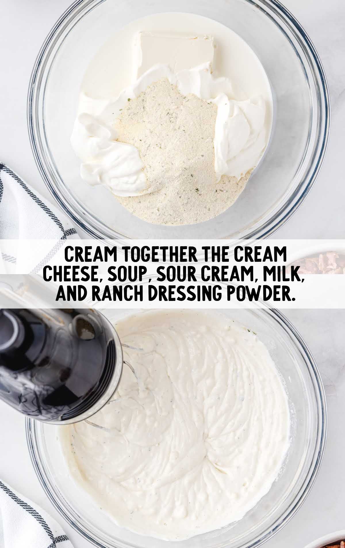 cream cheese, soup, sour cream, milk, and ranch dressing powder combined together 
