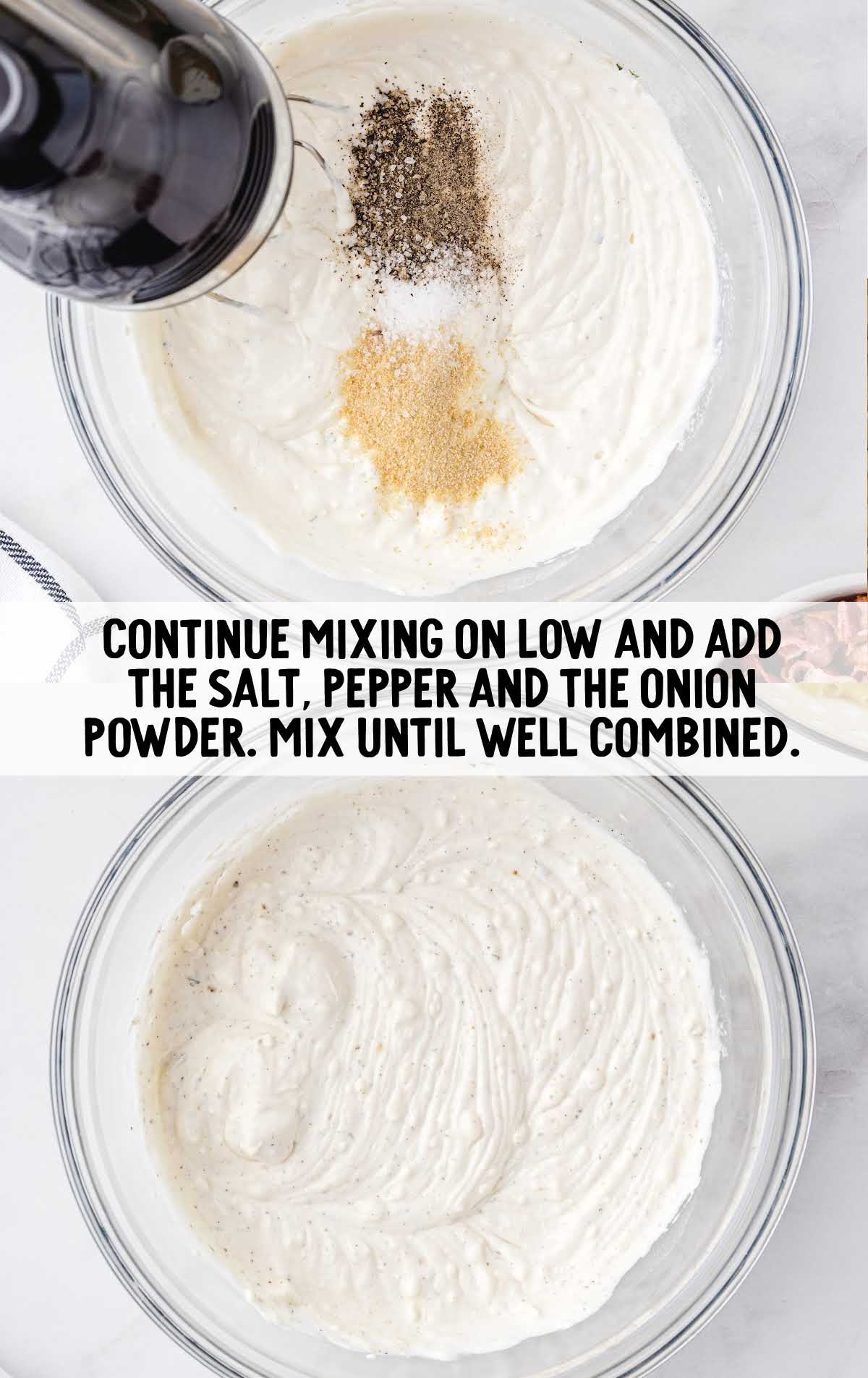 add pepper, salt, and the onion powder and blended together in a bowl