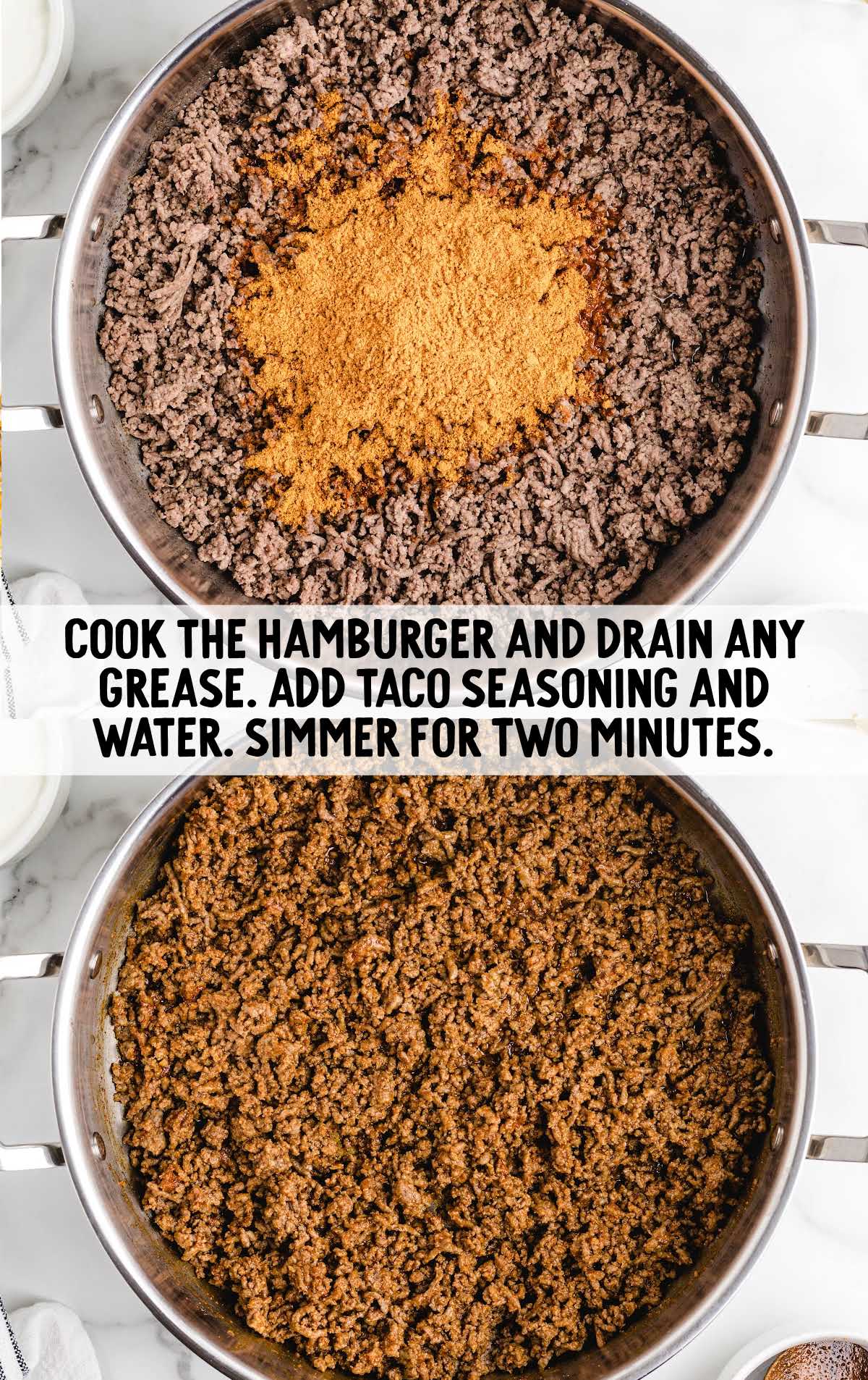 hamburger and taco seasoning being cooked in a pot