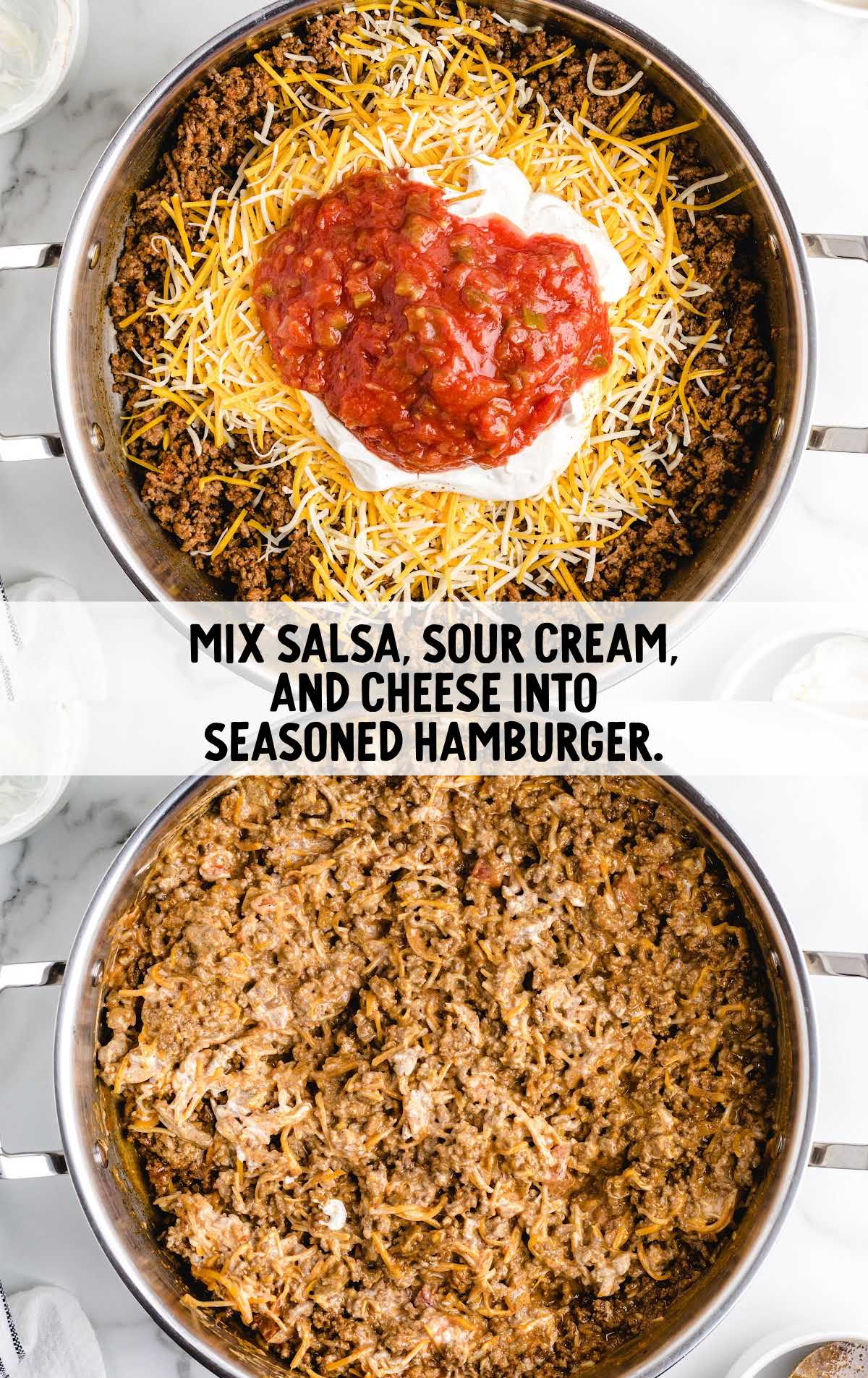 salsa, cheese, and sour cream added to the ground beef in the pot