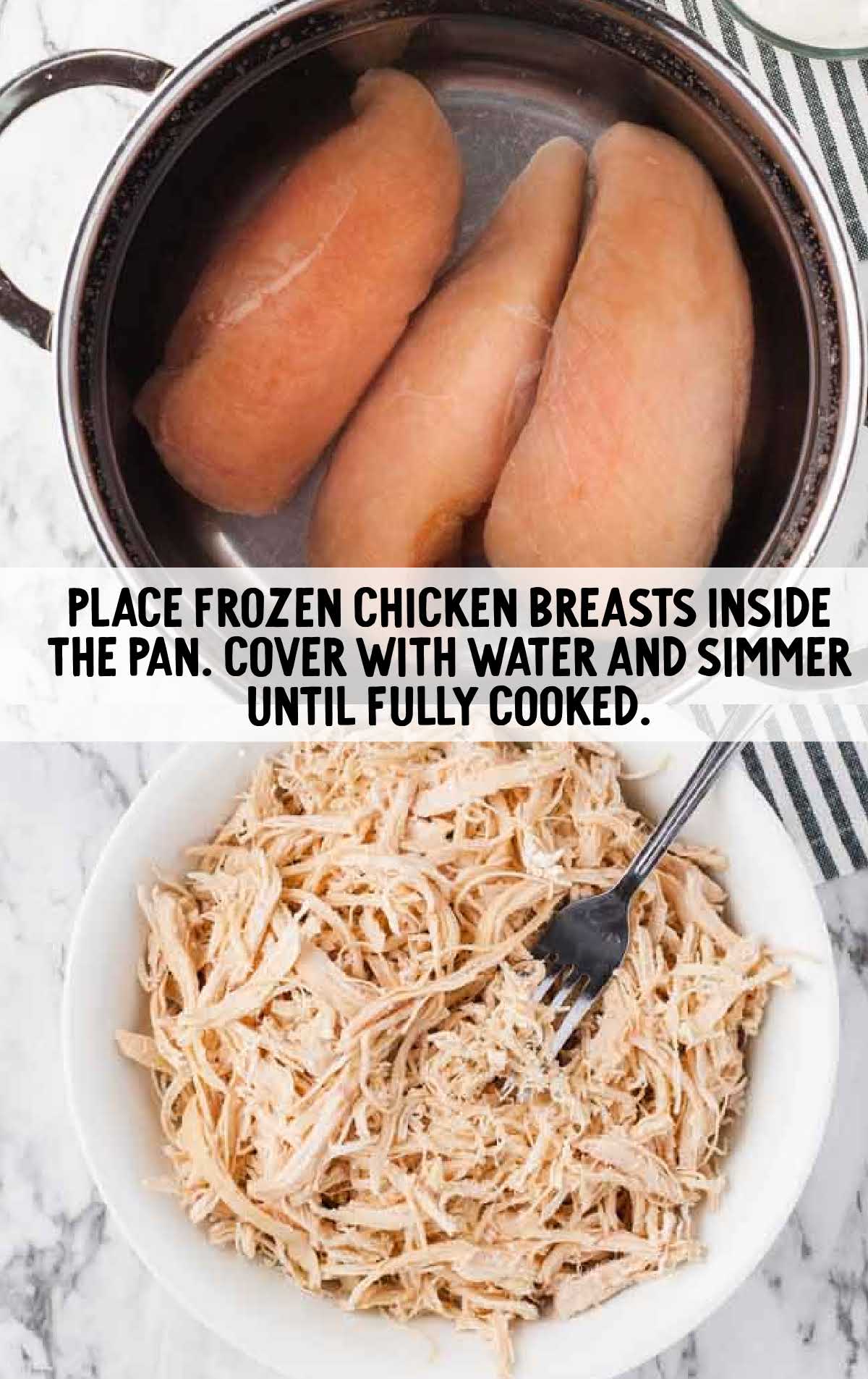 frozen chicken beasts placed in a pan and shredded in a bowl