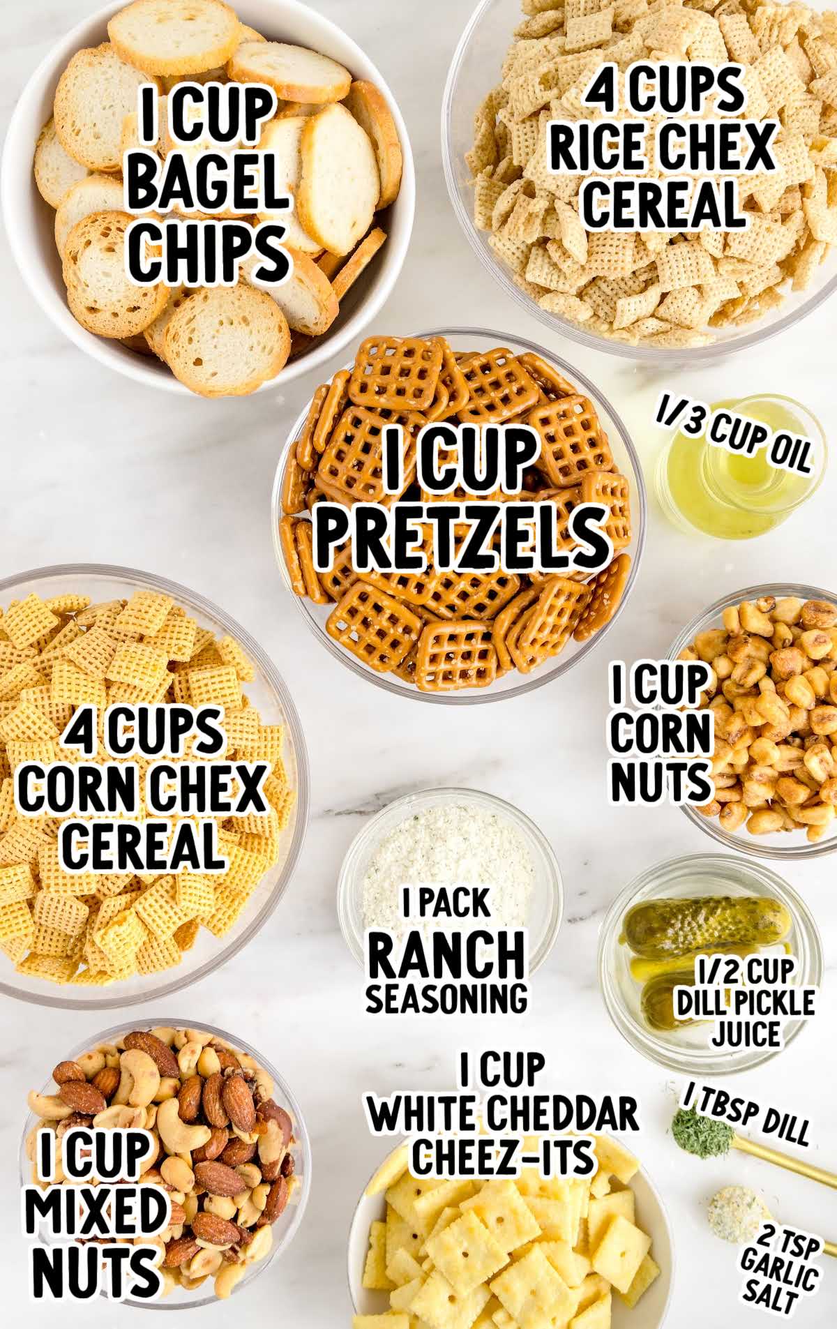 Dill Pickle Chex Mix raw ingredients that are labeled