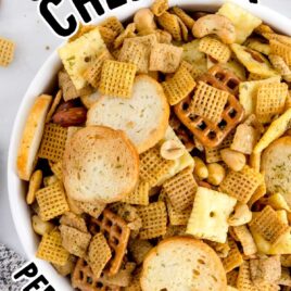 close up overhead shot of a bowl of Dill Pickle Chex Mix