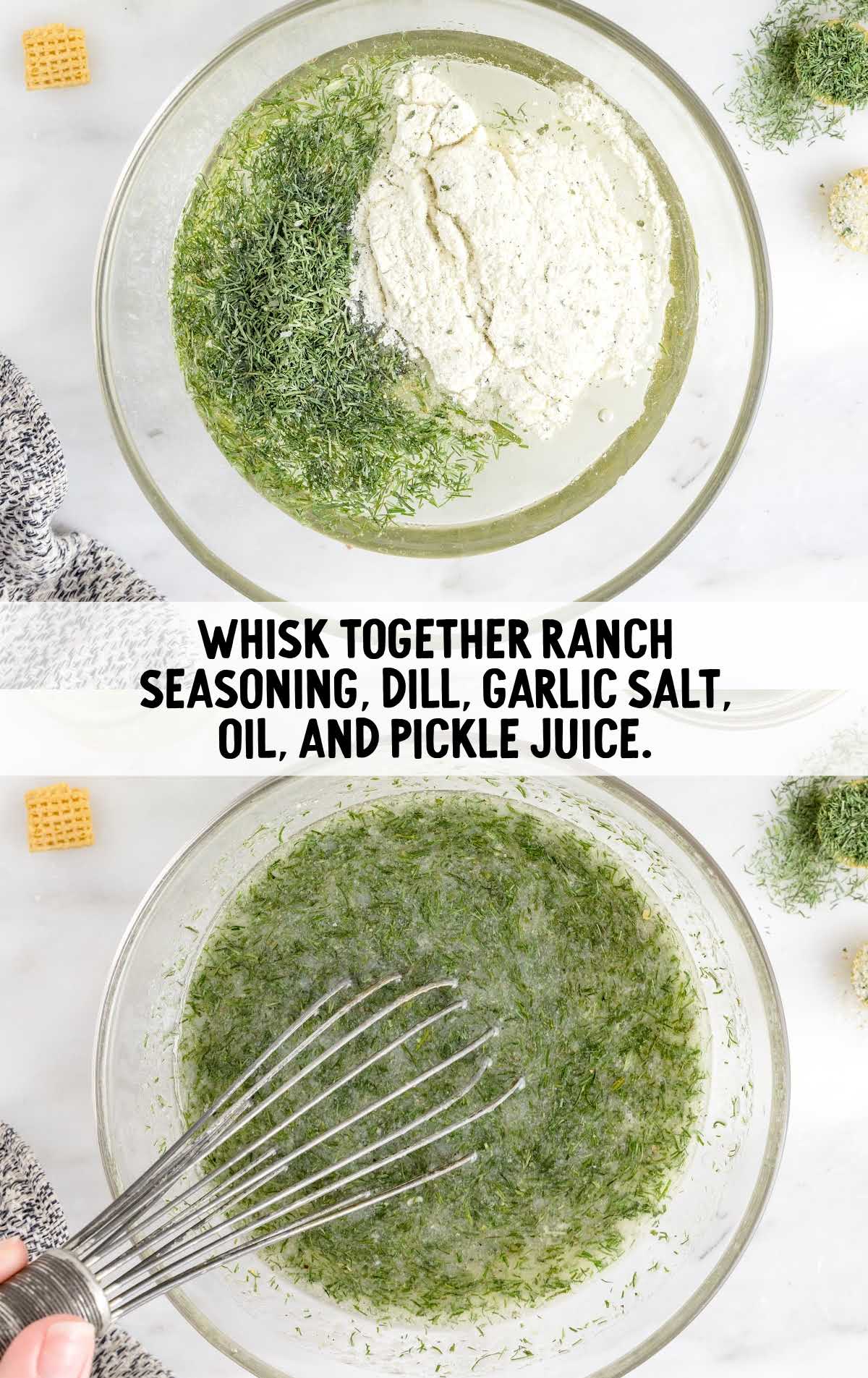 Dill Pickle Chex Mix process shot of ingredients whisked together in a bowl