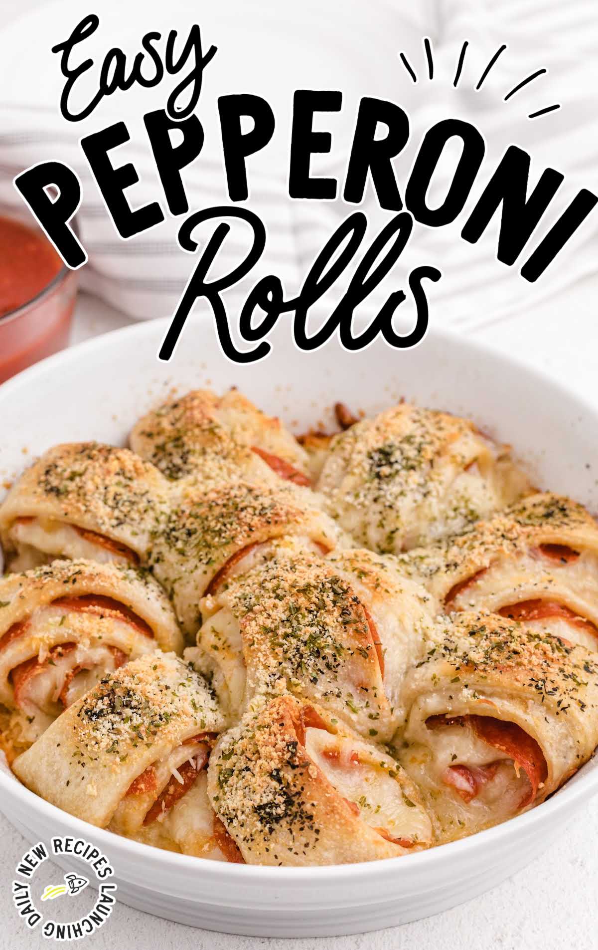 close up shot of a baking dish full of Easy Pepperoni Rolls 