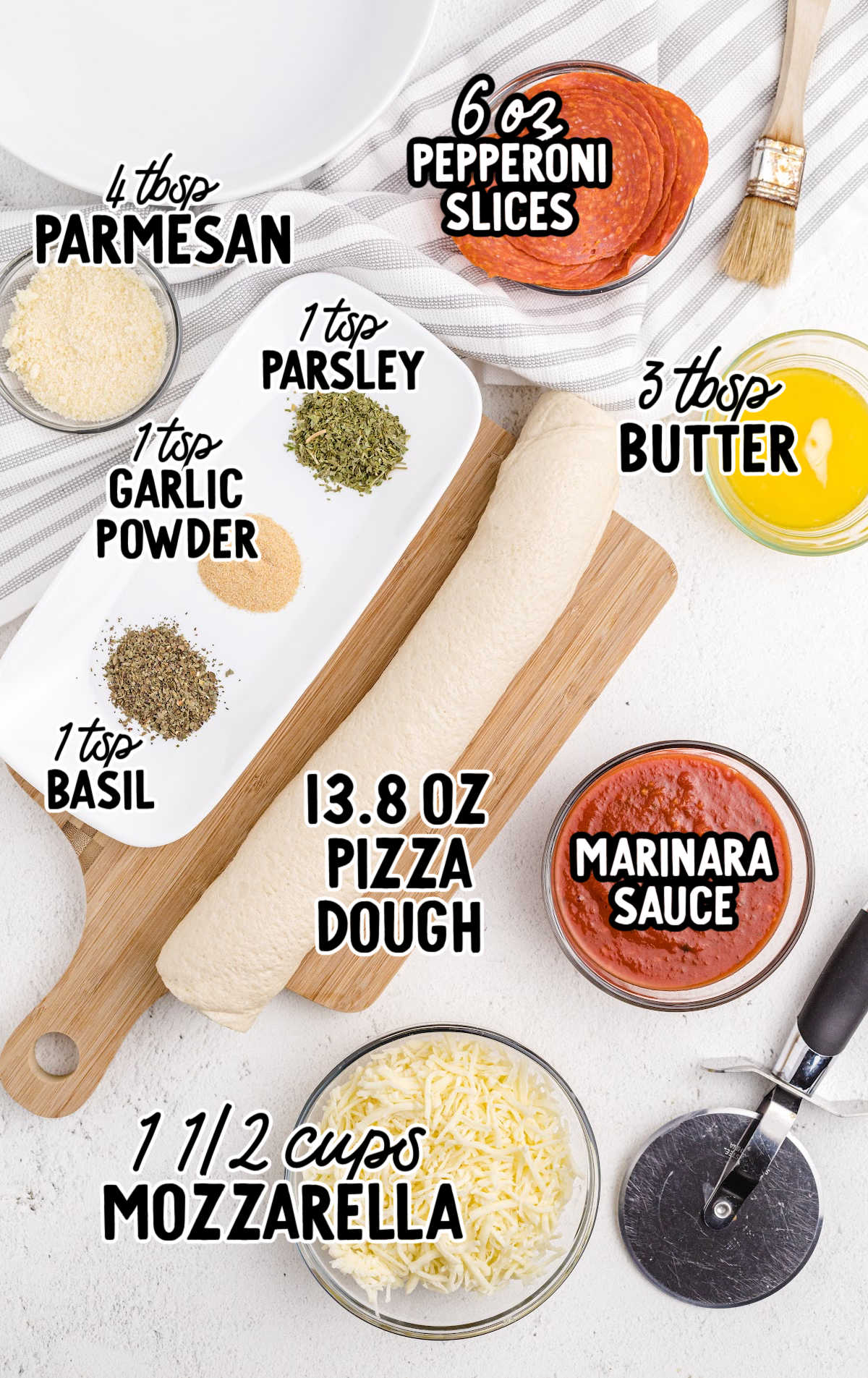 Easy Pepperoni Rolls raw ingredients that are labeled