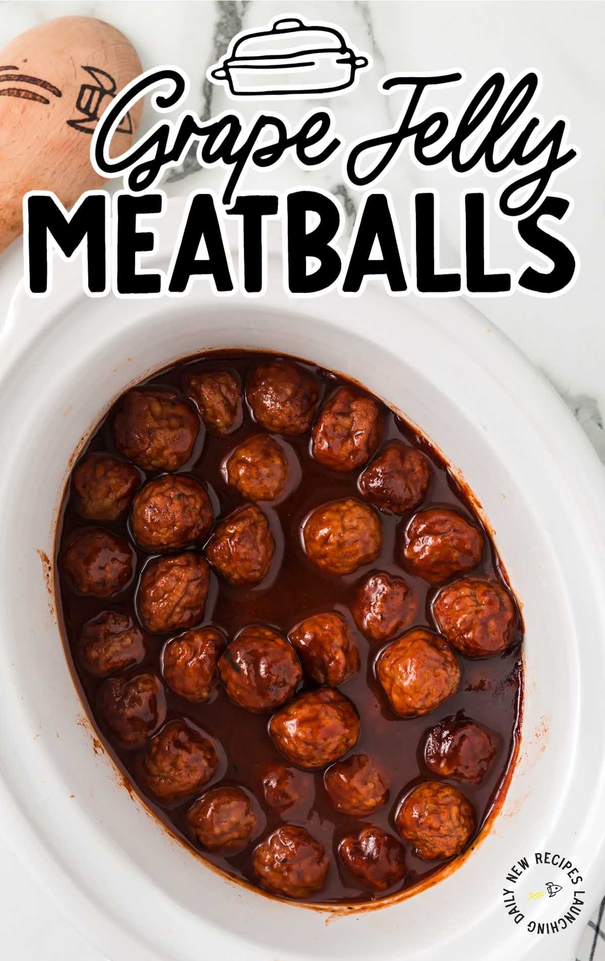 overhead shot of Grape Jelly Meatballs in a crockpot