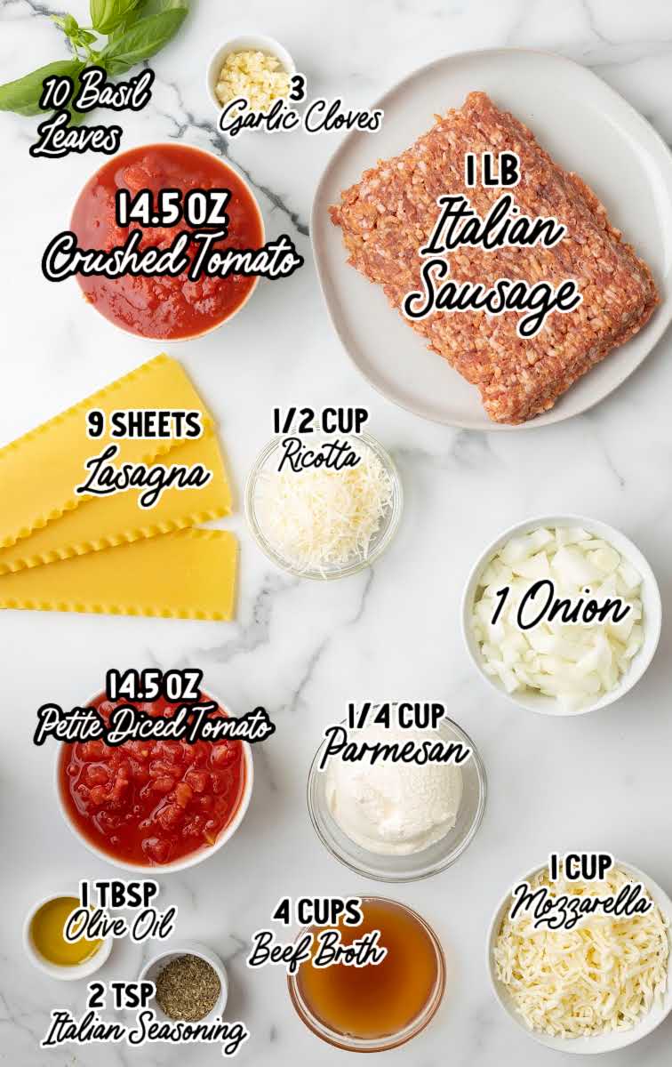 Lasagna Soup raw ingredients that are labeled