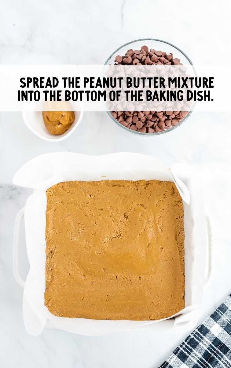 No-Bake Peanut Butter Bars process shot of peanut butter mixture spread into a baking dish