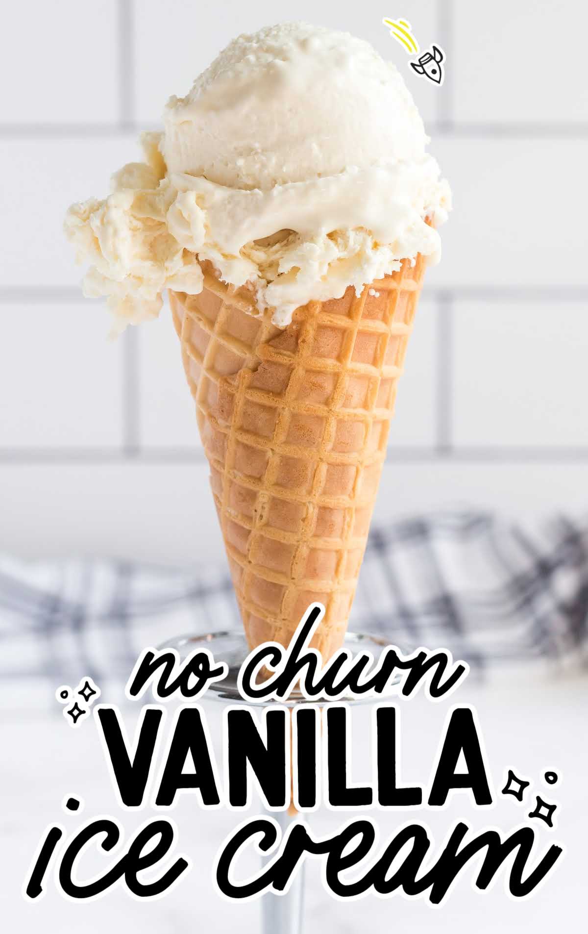 close up shot of a ice cream cone filled with No-Churn Vanilla Ice Cream