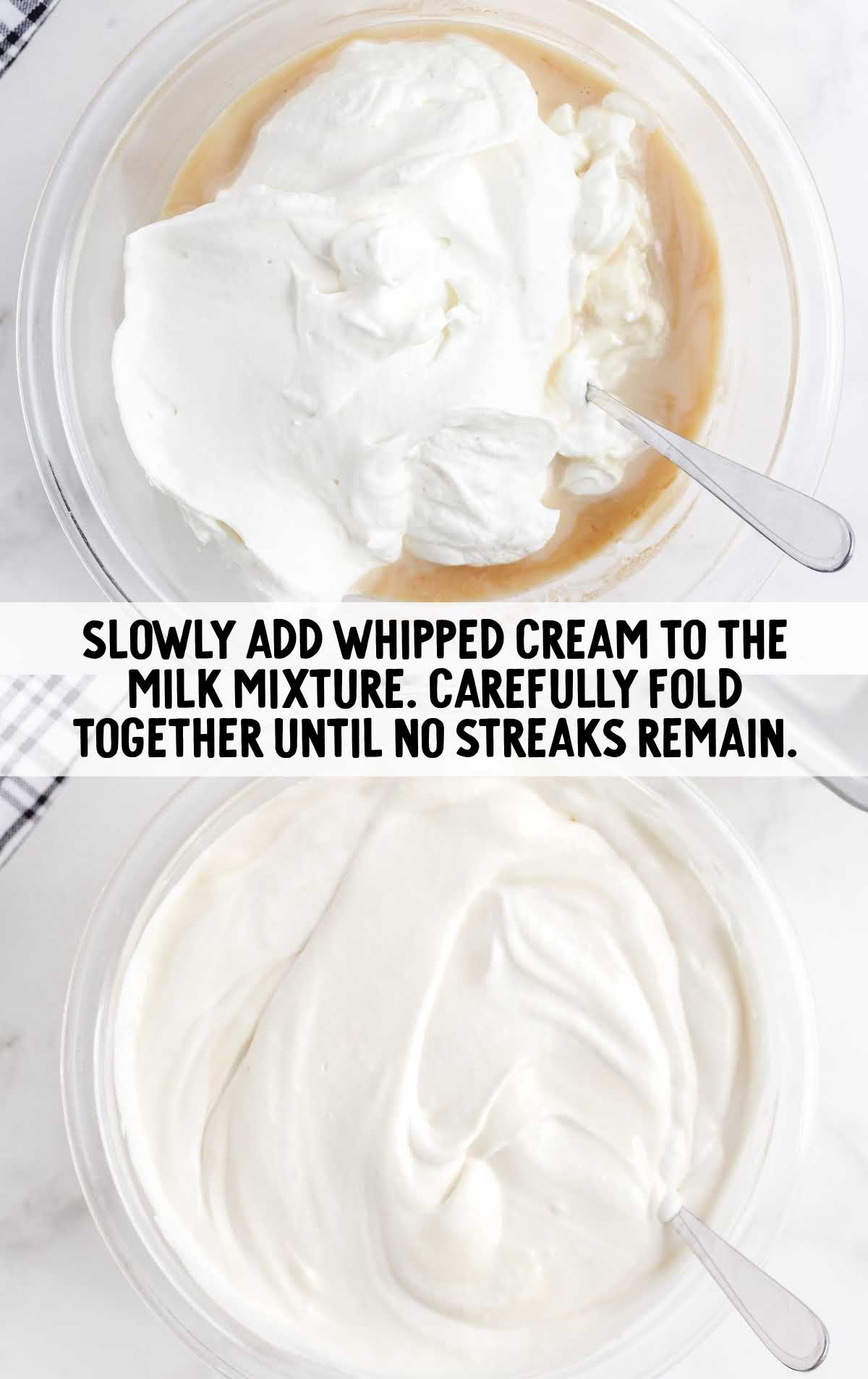 whipped cream being folded into the milk mixture