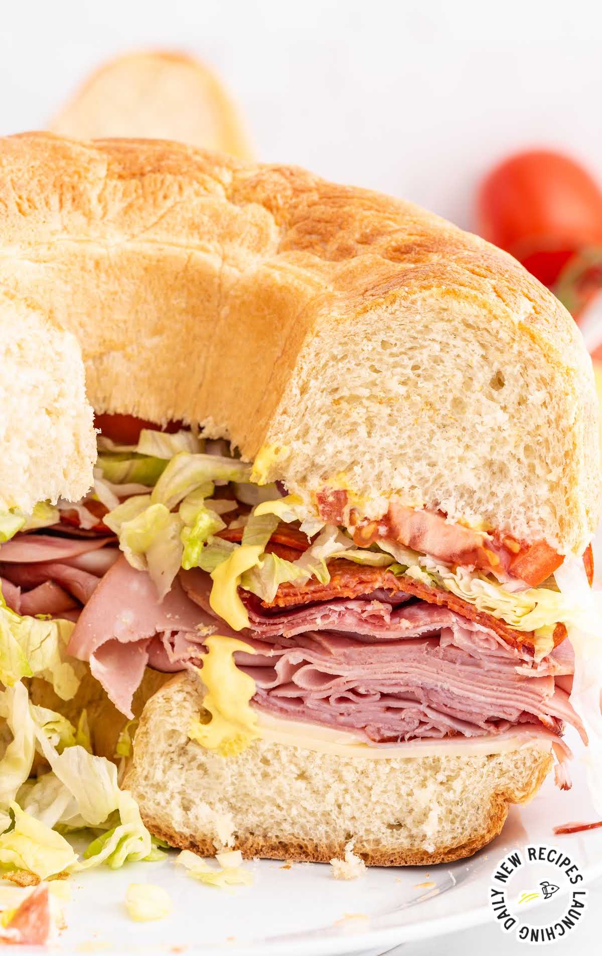 close up shot of a Party Sub with slices missing on a plate