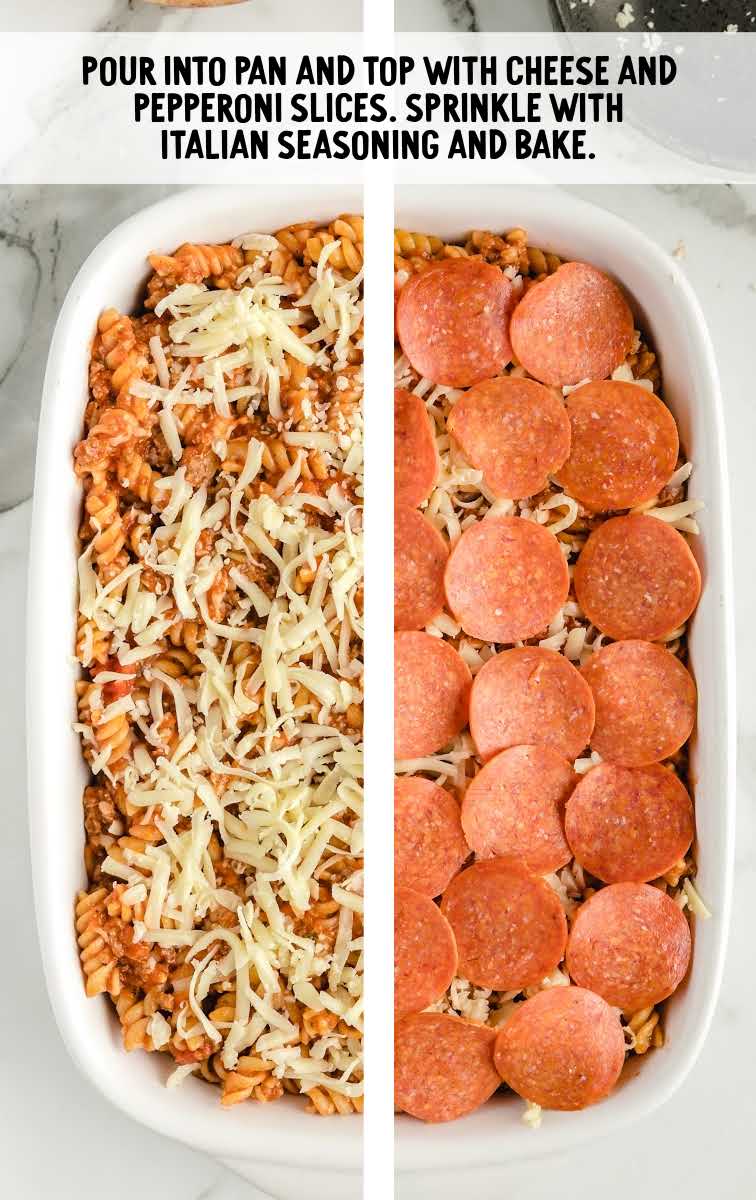 pizza casserole process shot of casserole poured into a baking dish then topped with cheese and pepperoni slices