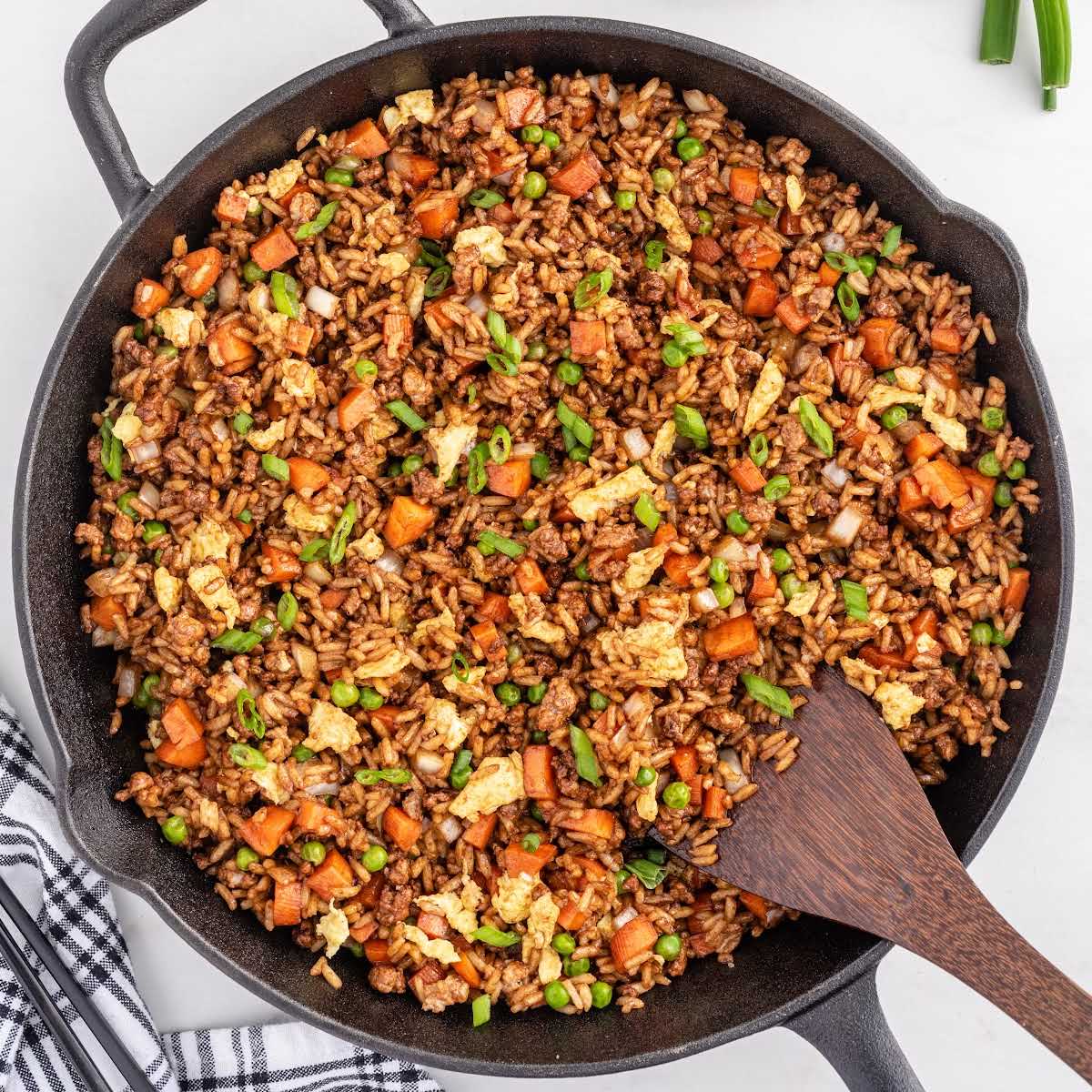 close up overhead shot of a skillet of Pork Fried Rice