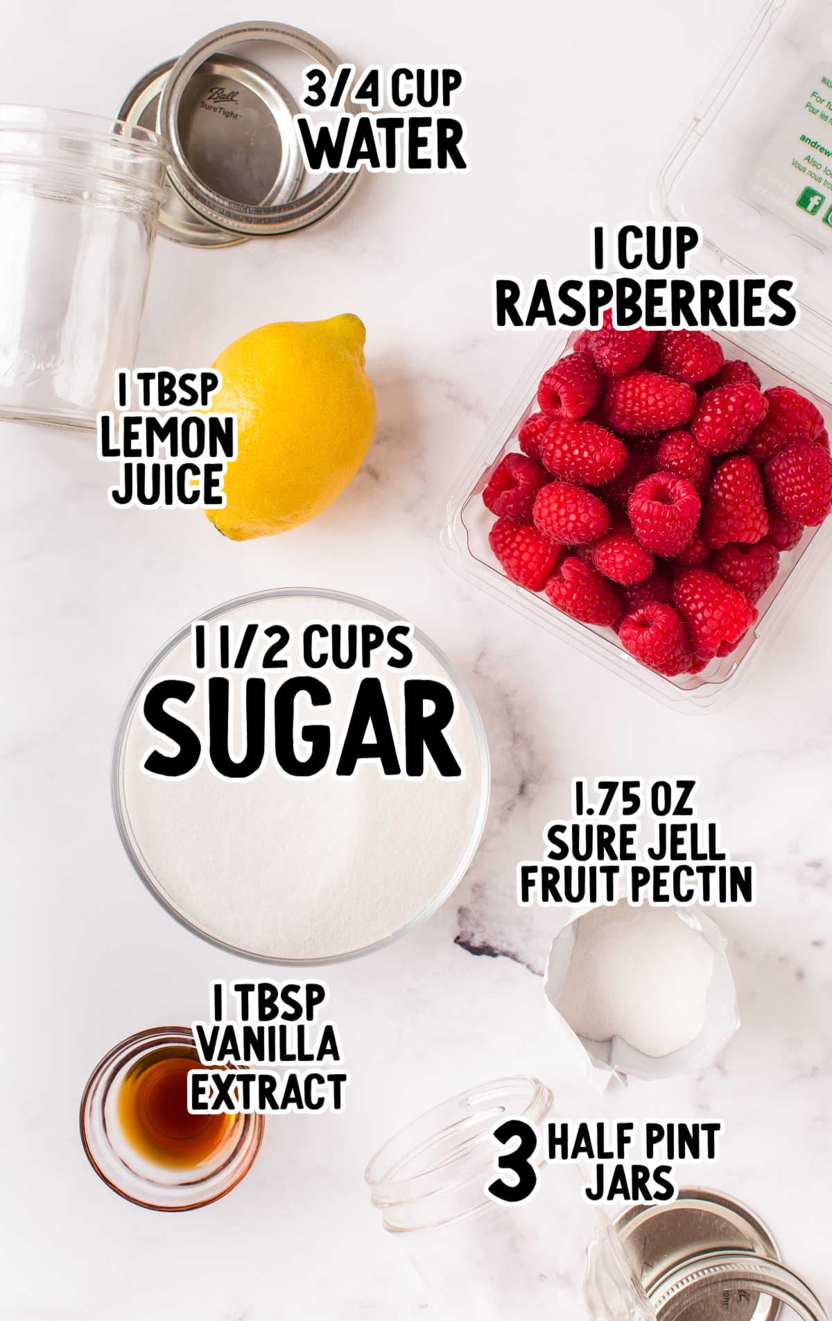 Raspberry Freezer Jam raw ingredients that are labeled