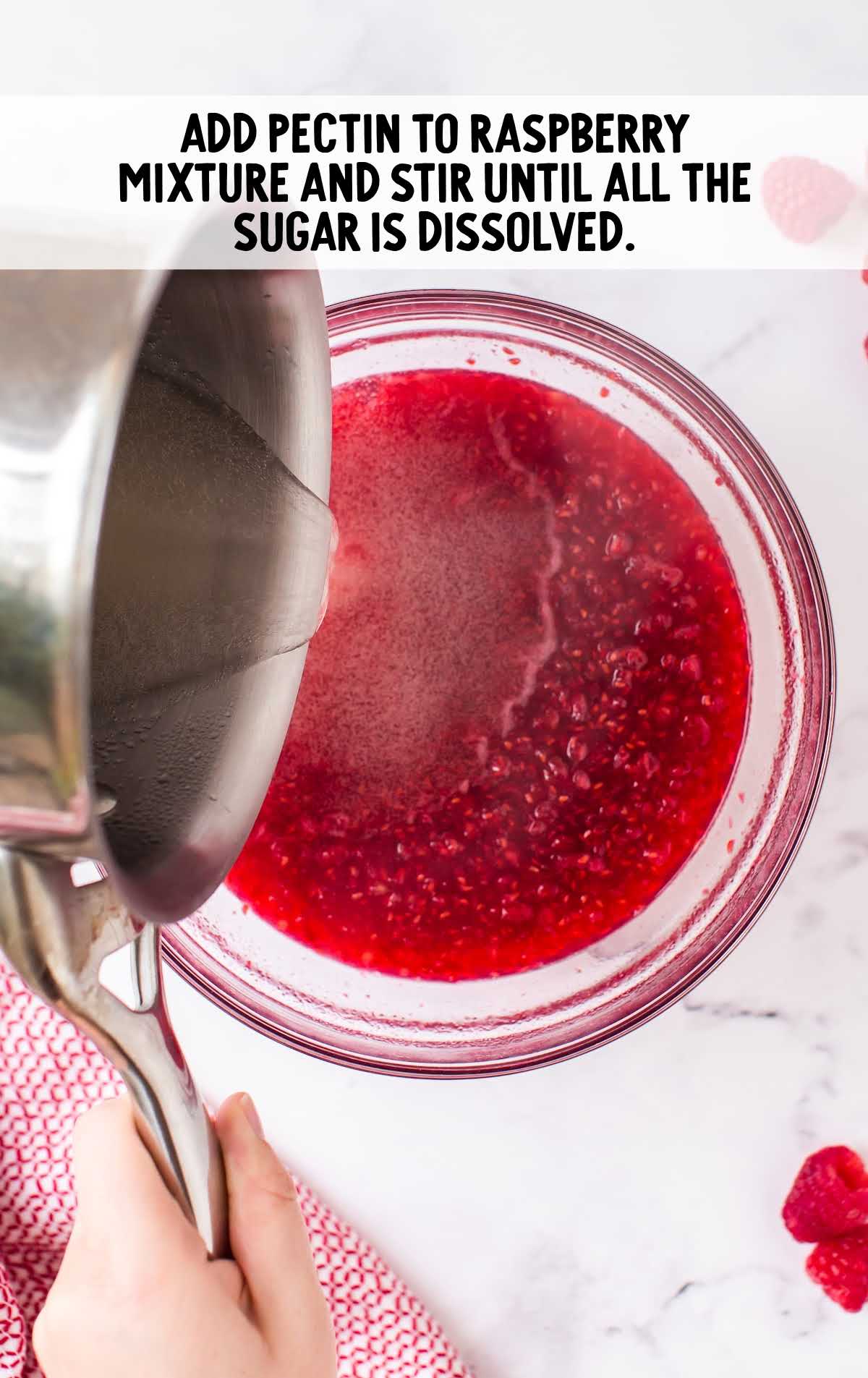 Raspberry Freezer Jam process shot of pectin added to the raspberry mixture