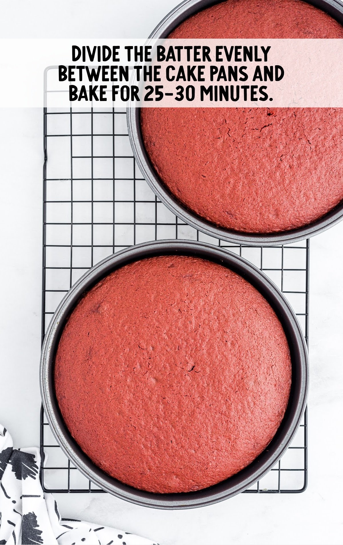 Red Velvet Cheesecake process shot of cake batter divided into two cake pans and then baked