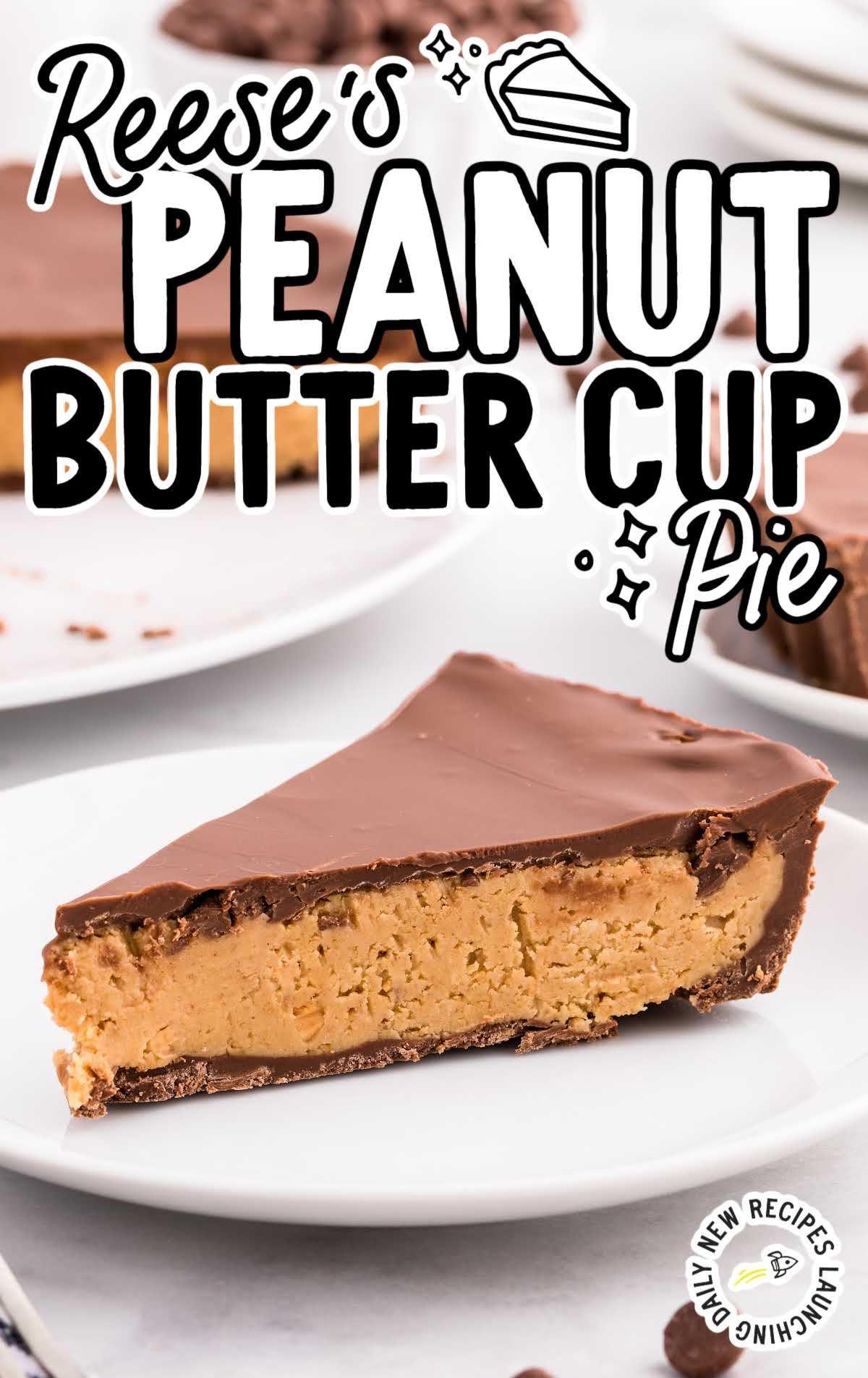 close up shot of a slice of Reese's Peanut Butter Cup Pie on a plate