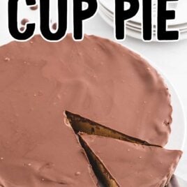 close up shot of a Reese's Peanut Butter Cup Pie with a slice being removed