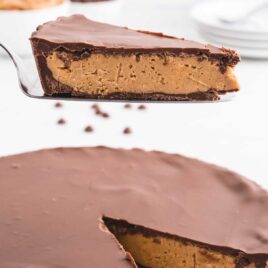 close up shot of a slice of Reese's Peanut Butter Cup Pie on a spatula