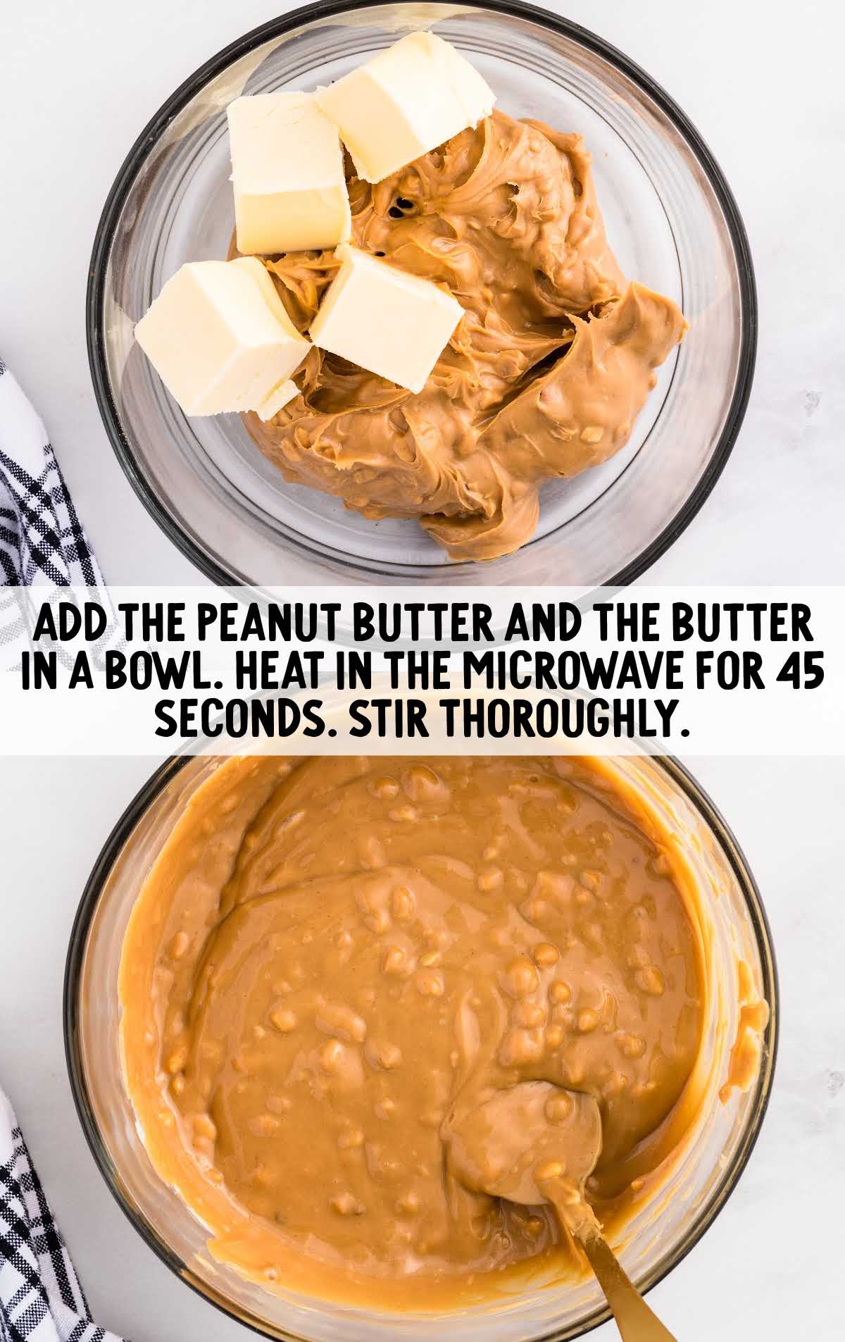 Reese's Peanut Butter Cup Pie process shot of peanut butter and butter melted in a bowl