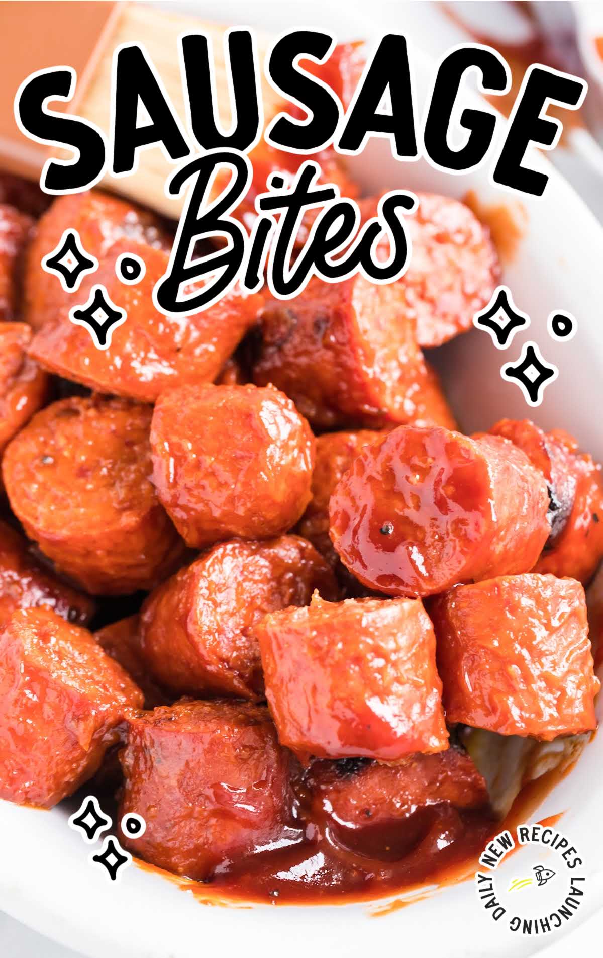 close up overhead shot of a bowl of Sausage Bites
