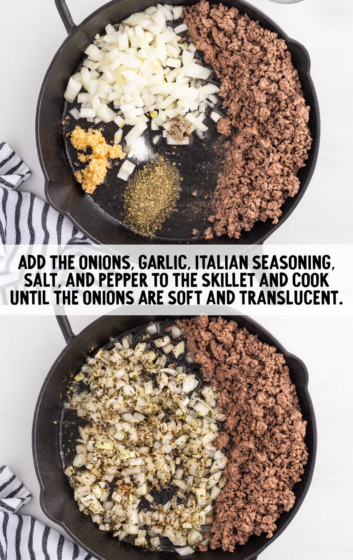 ground beef being cooked in a skillet with seasonings