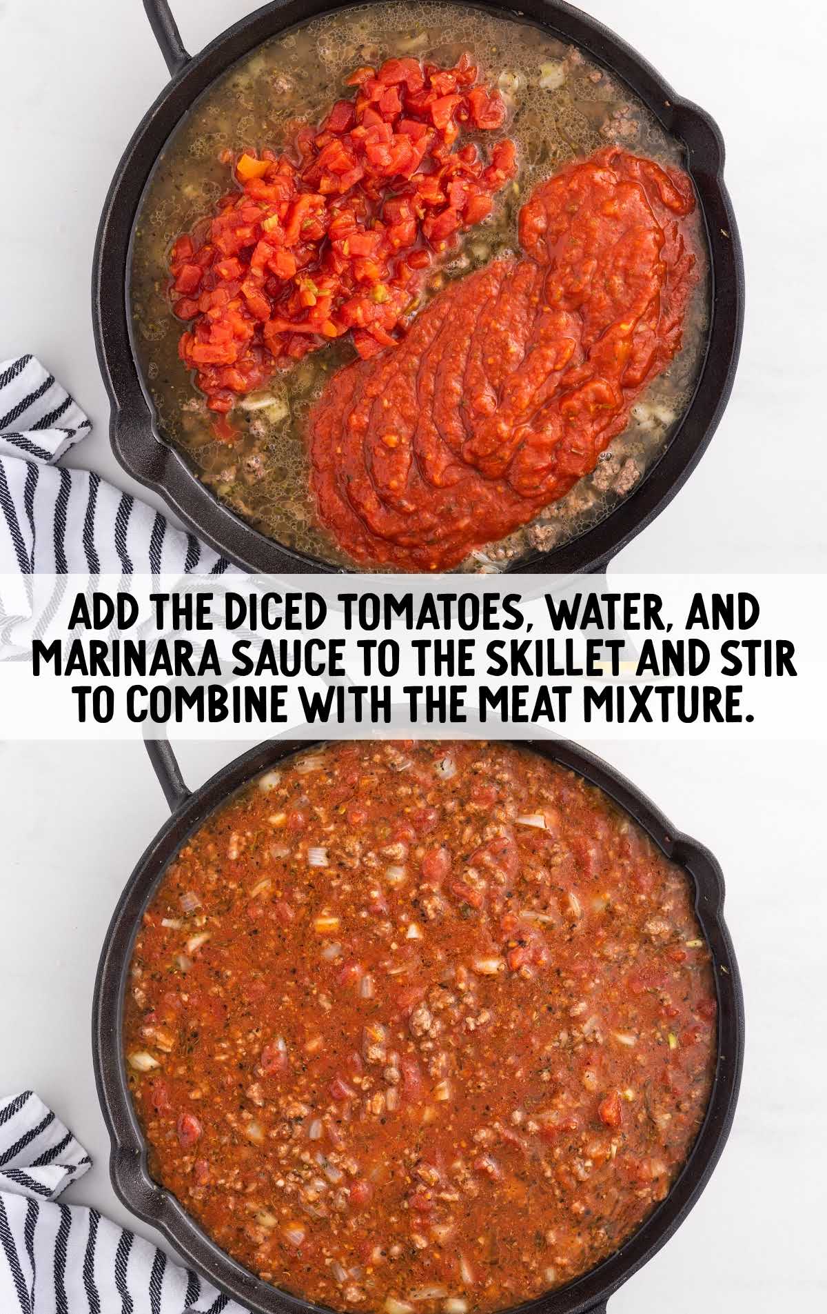 diced tomatoes, water, and marinara sauce added to the skillet of ground beef