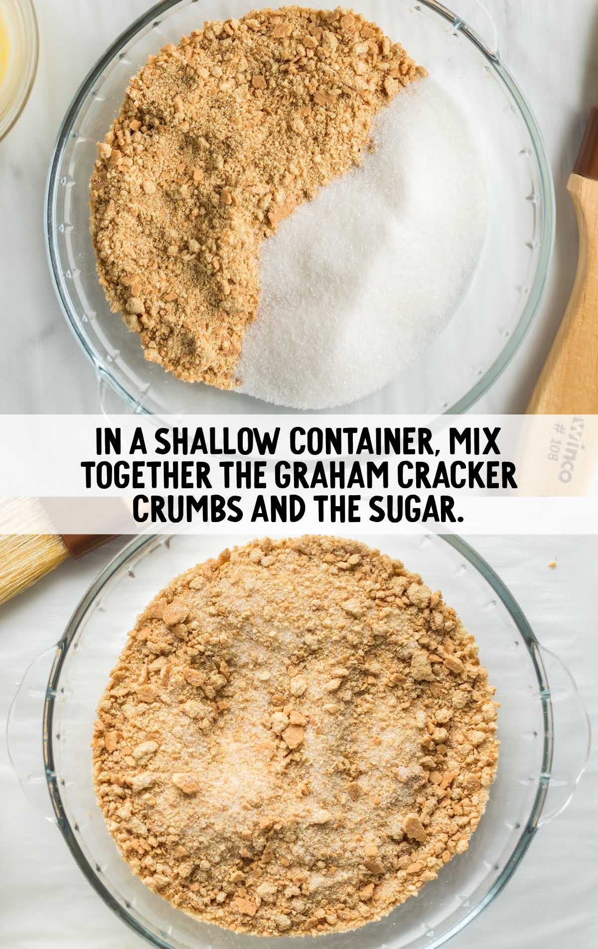sugar and graham crackers crumbs being combined in a bowl