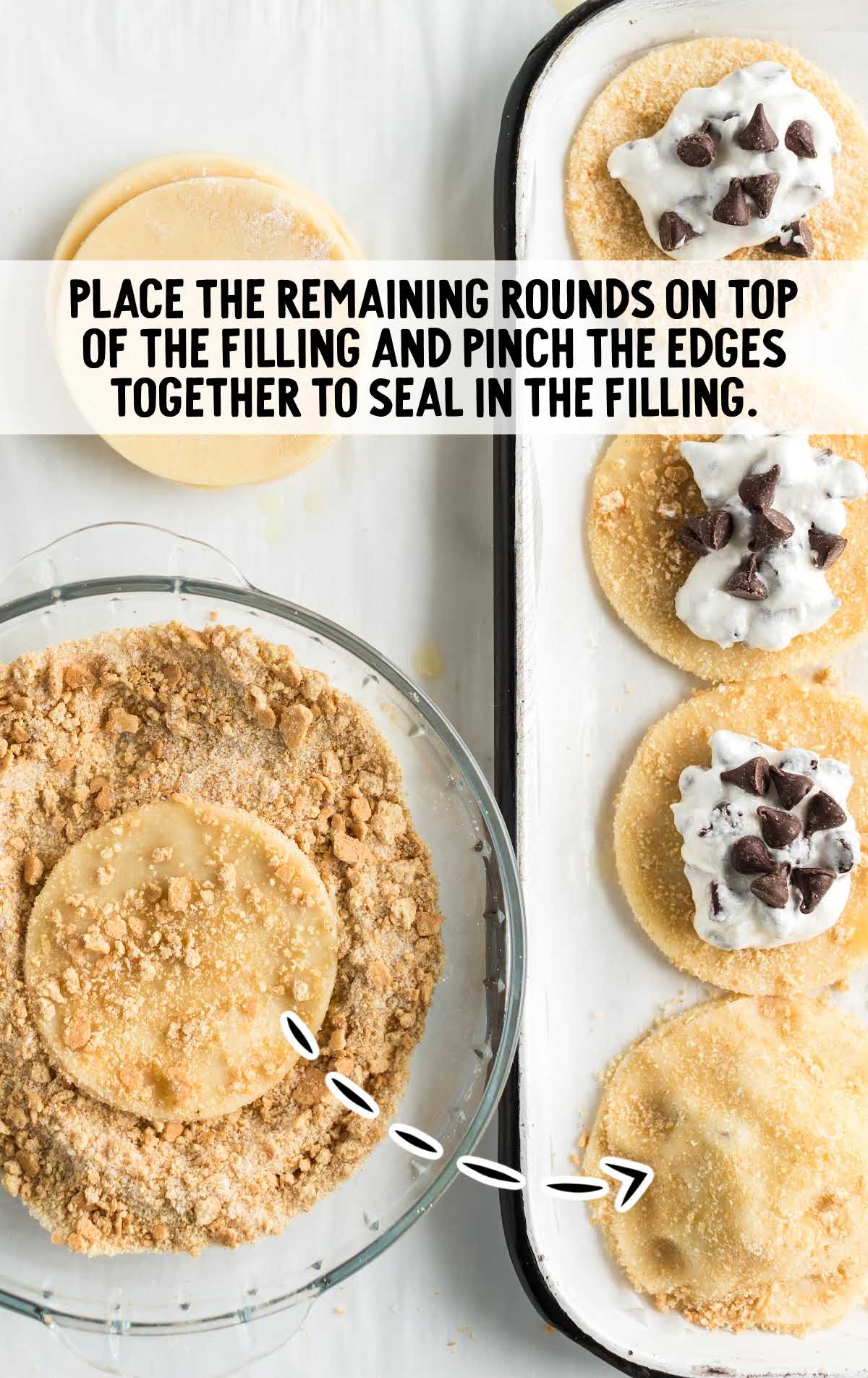 s'mores mixture placed on top of pie crust circles and sealed with a pie crust circle on top