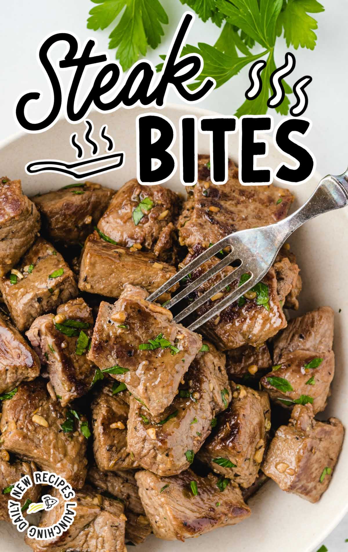 close up overhead shot of a bowl of Steak Bites garnished with parsley
