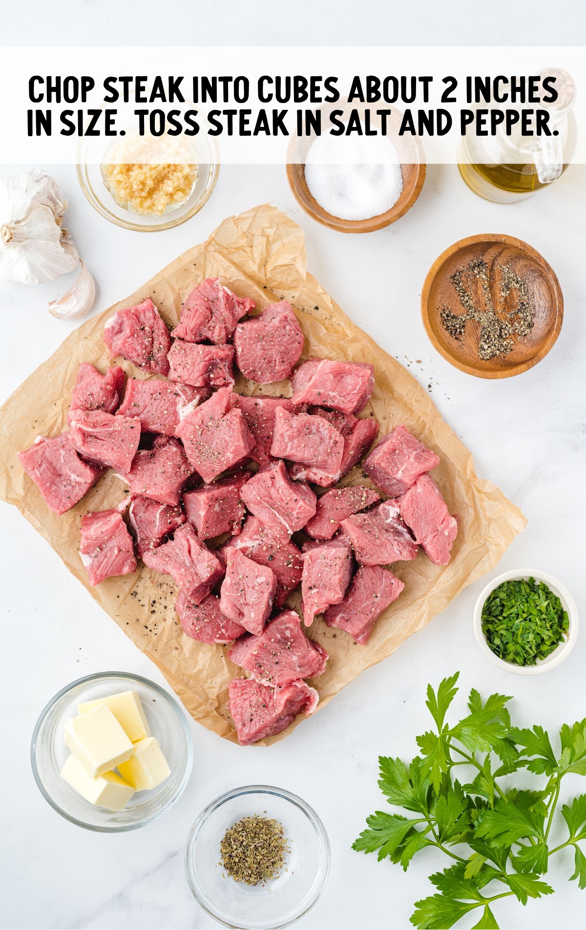 steak cut into cubes and tossed into salt and pepper