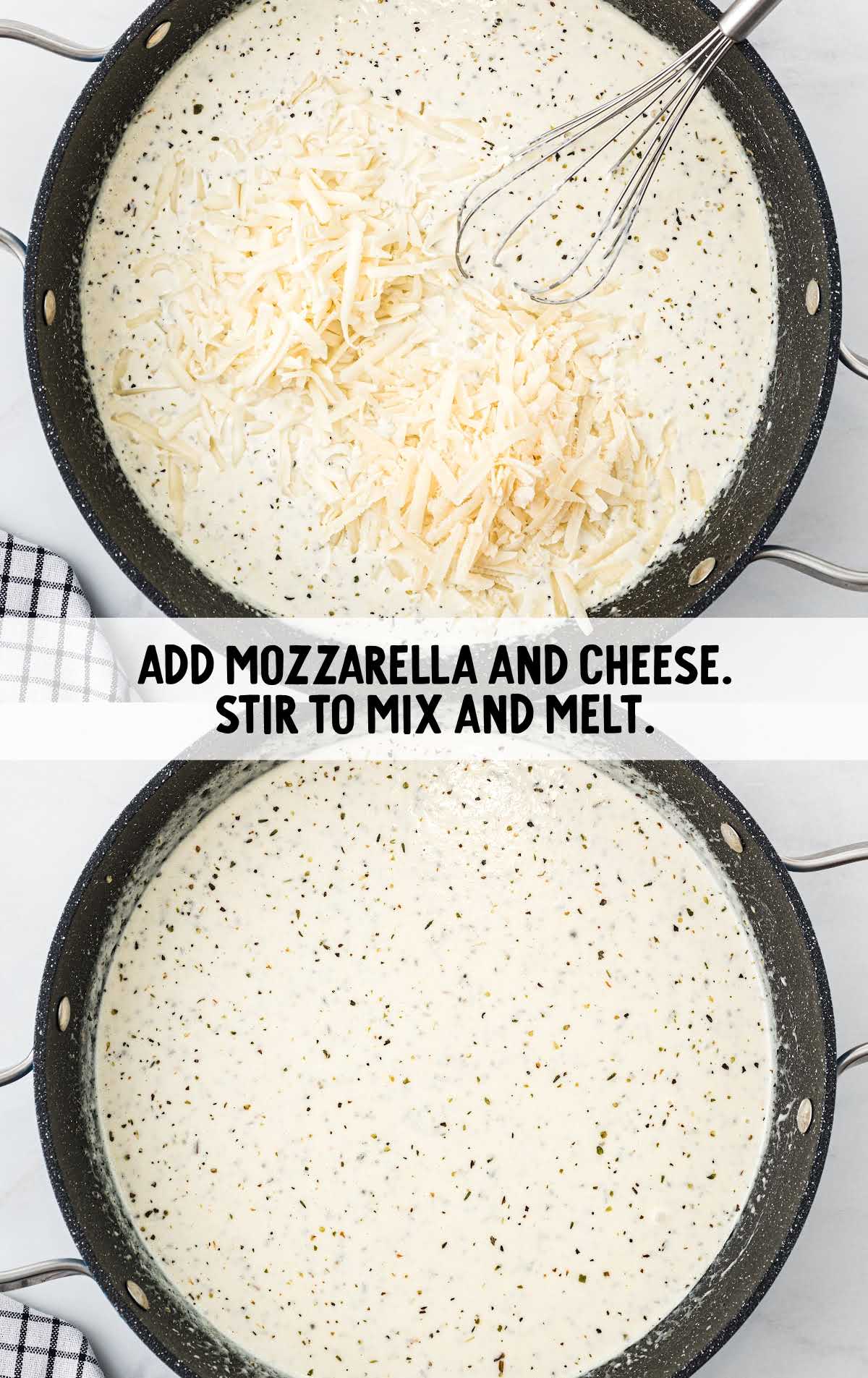 chicken alfredo bake process shot of mozzarella added to the pot